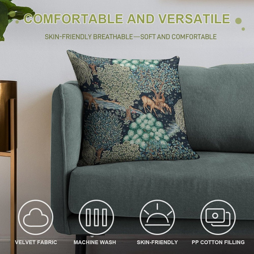 FOREST ANIMALS, DEERS BY A BROOK Blue Green Floral Soft Style Accent Throw Pillow