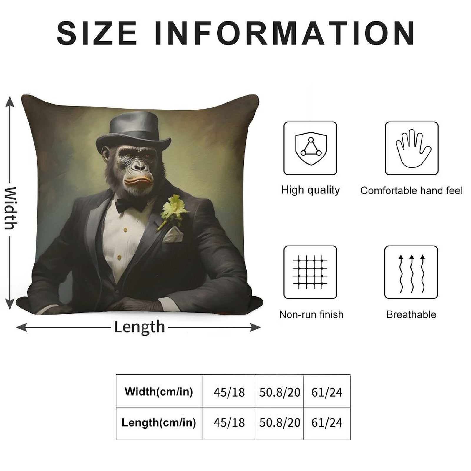 Gorilla Portrait Art Soft Hidden Zipper Throw Pillow