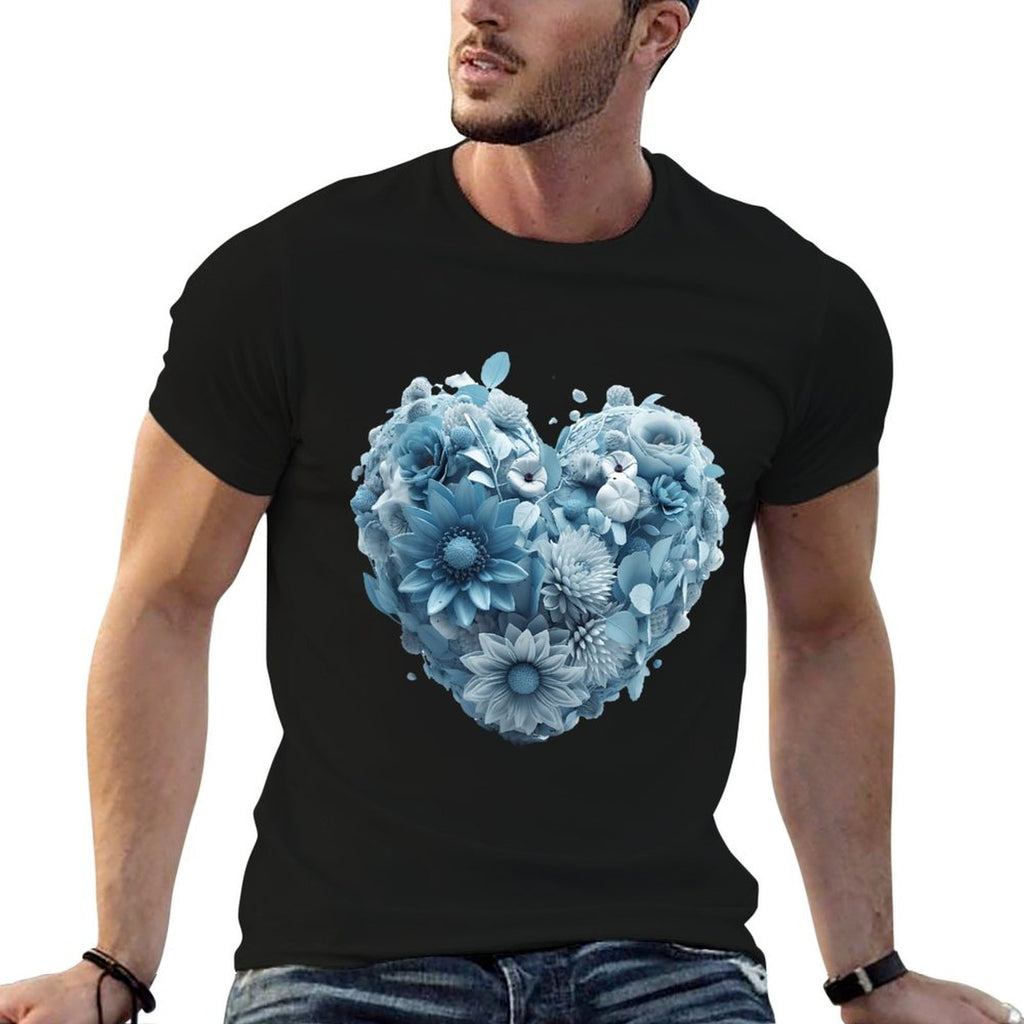 Cute Light Blue Heart Graphic Made of Flowers For Women Girl  Rolled Sleeves T-Shirt