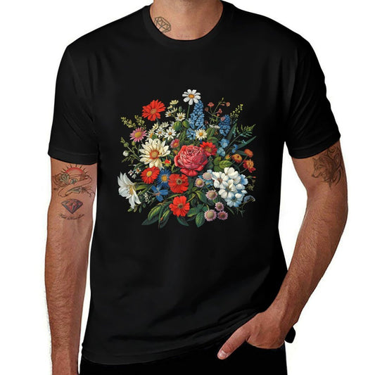 Vintage Wild Botanical Flower Cottagecore Gardening Bouquet  Ribbed Collar T-Shirt