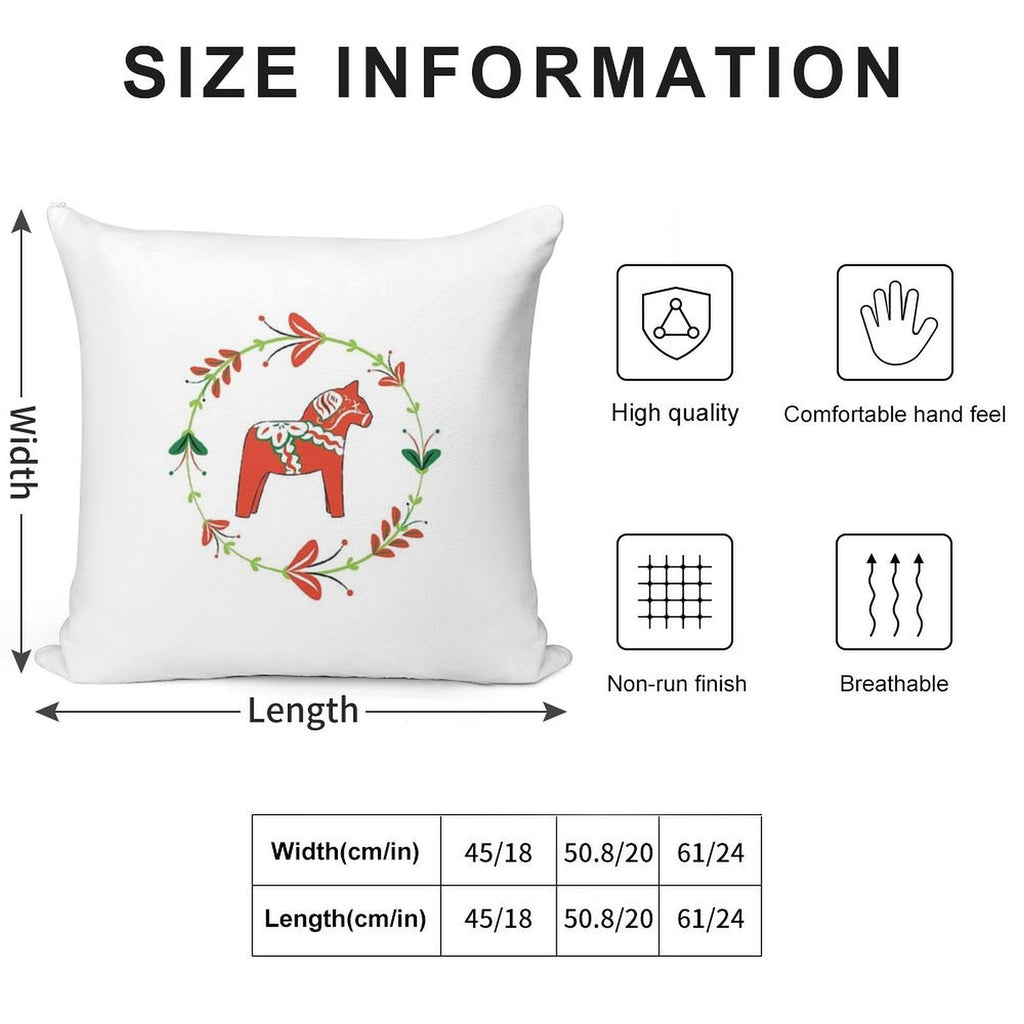 Dala Horse with Swedish Folk Art Wreath Soft Home Decor Throw Pillow