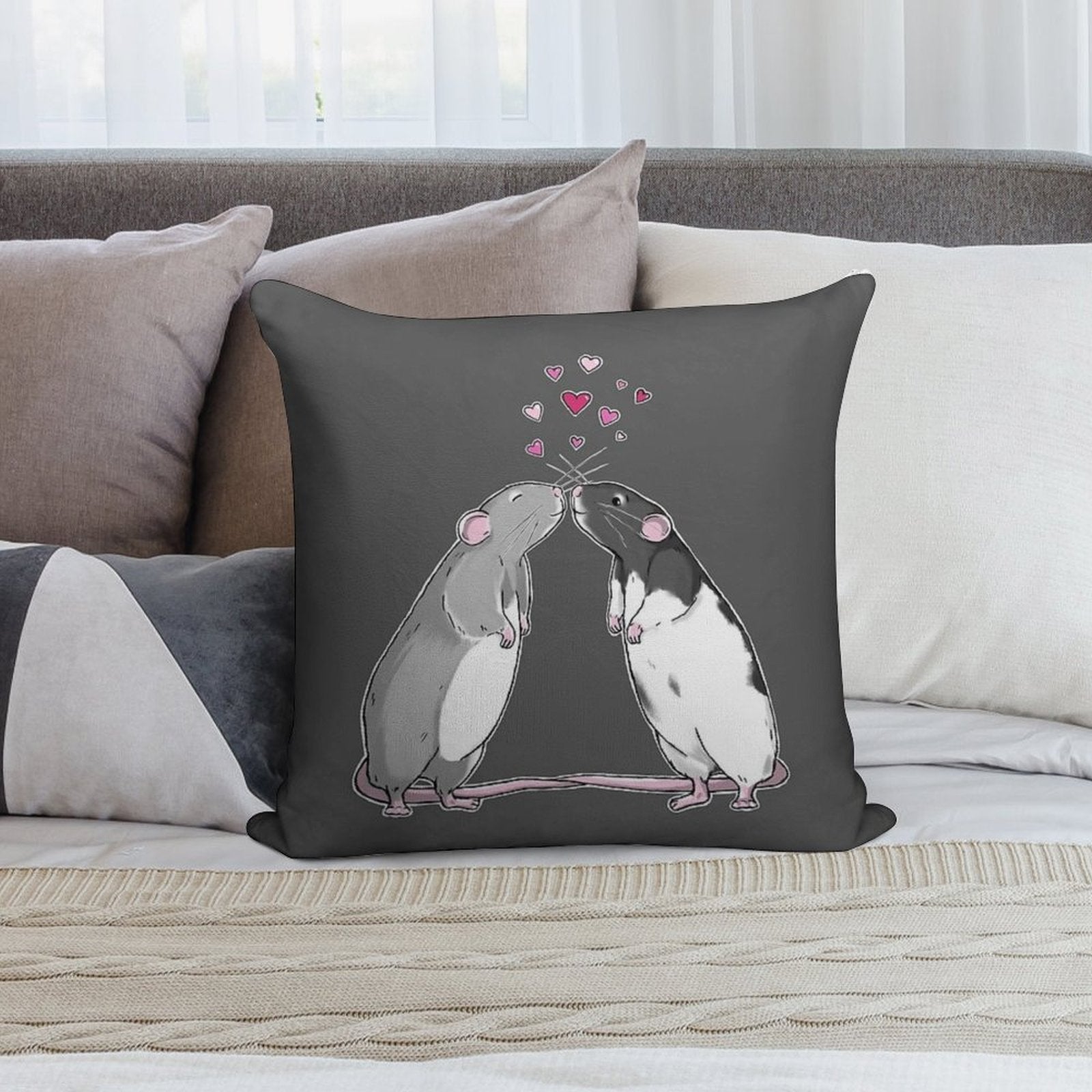 Rat Kisses (White Outline) Soft Washable Throw Pillow