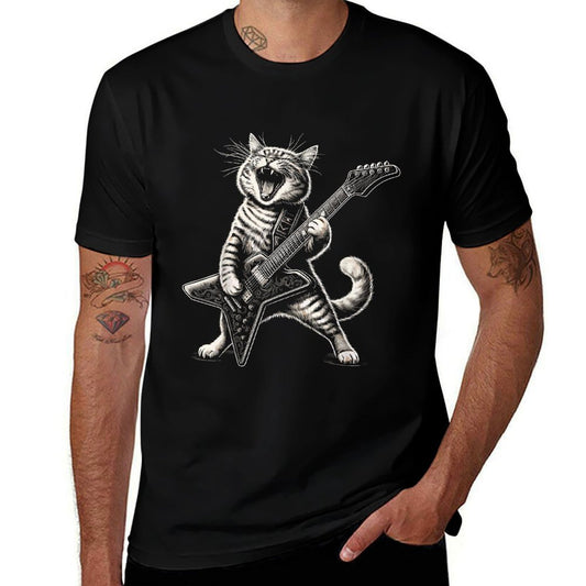 Rock And Roll Cat Playing Guitar Funny Guitar Cat  Fade-proof Color T-Shirt