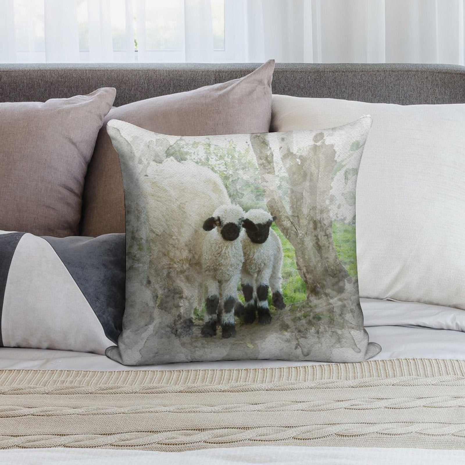 The Twins Watercolour Photograph - Valais Blacknose Lambs Soft Skin-Friendly Throw Pillow