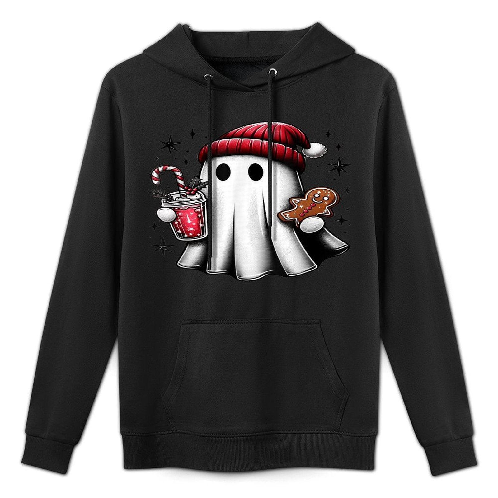 Cute Santa Ghost Drinking Coffee Ice Coffee Christmas Pajama Relaxed Fit Hoodie