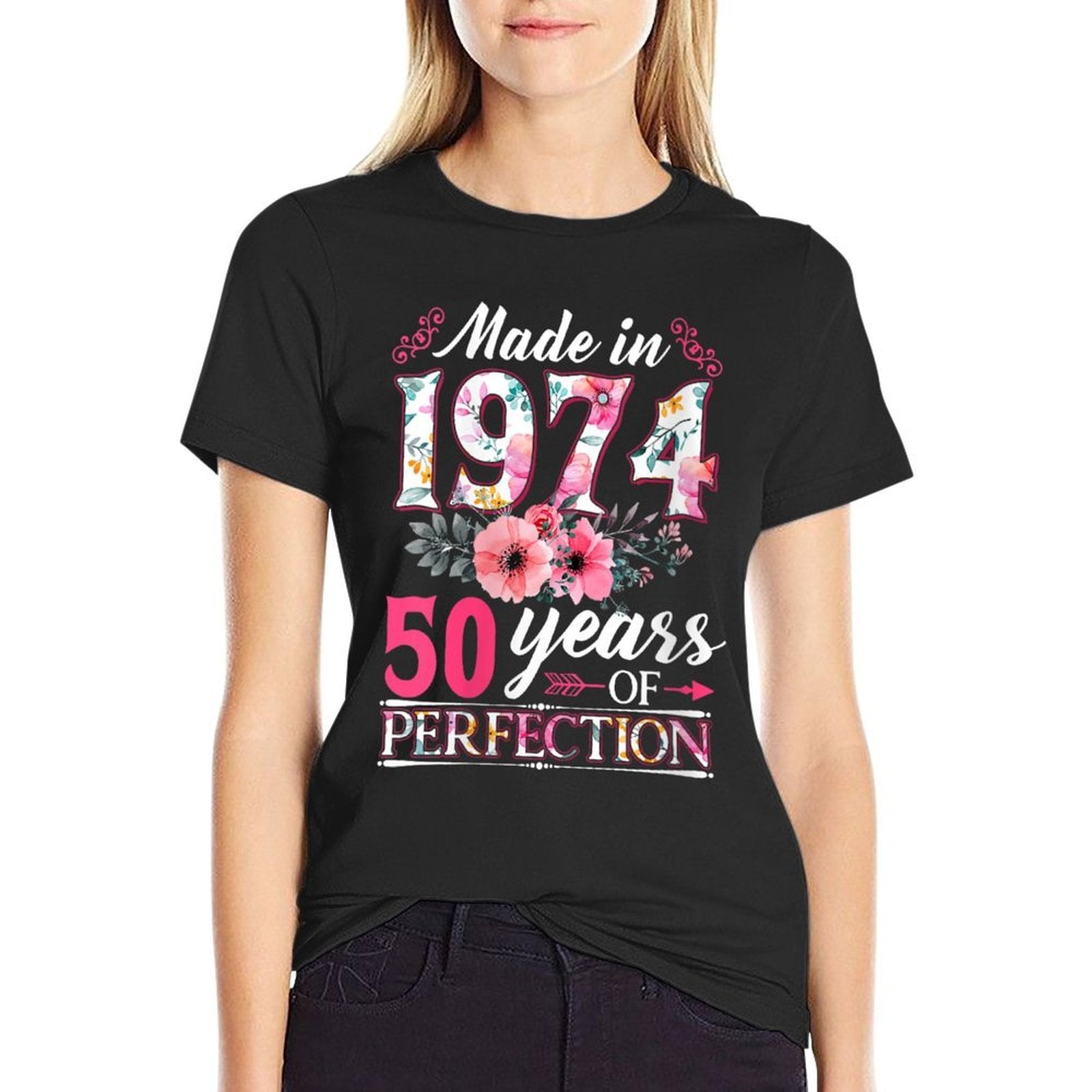 Womens 50 Year Old Made In 1974 Floral Flower 50th Birthday Womens  Heathered Texture T-Shirt