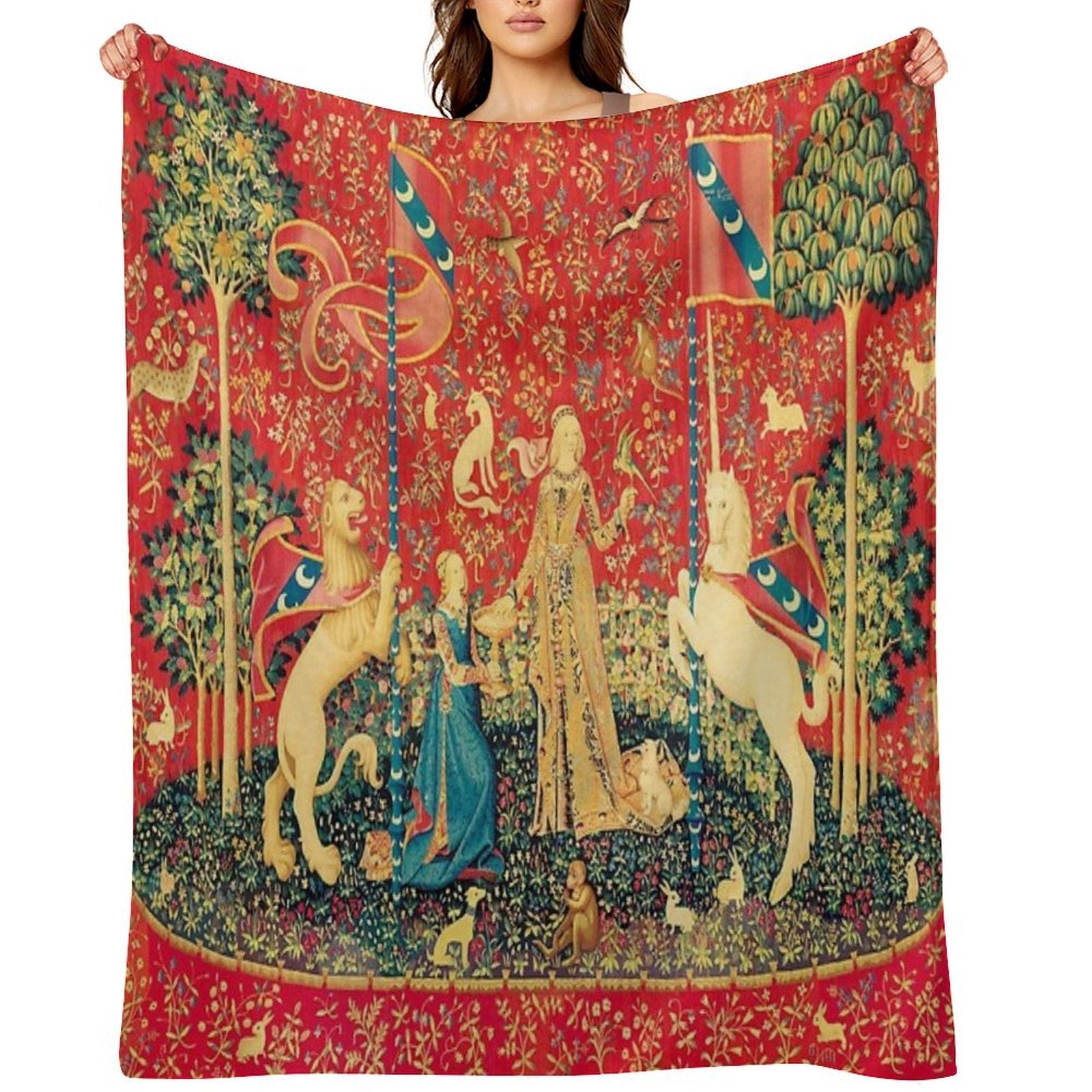 LADY AND UNICORN Taste, Red Green Fantasy Flowers,Animals Multi-functional Throw Blanket