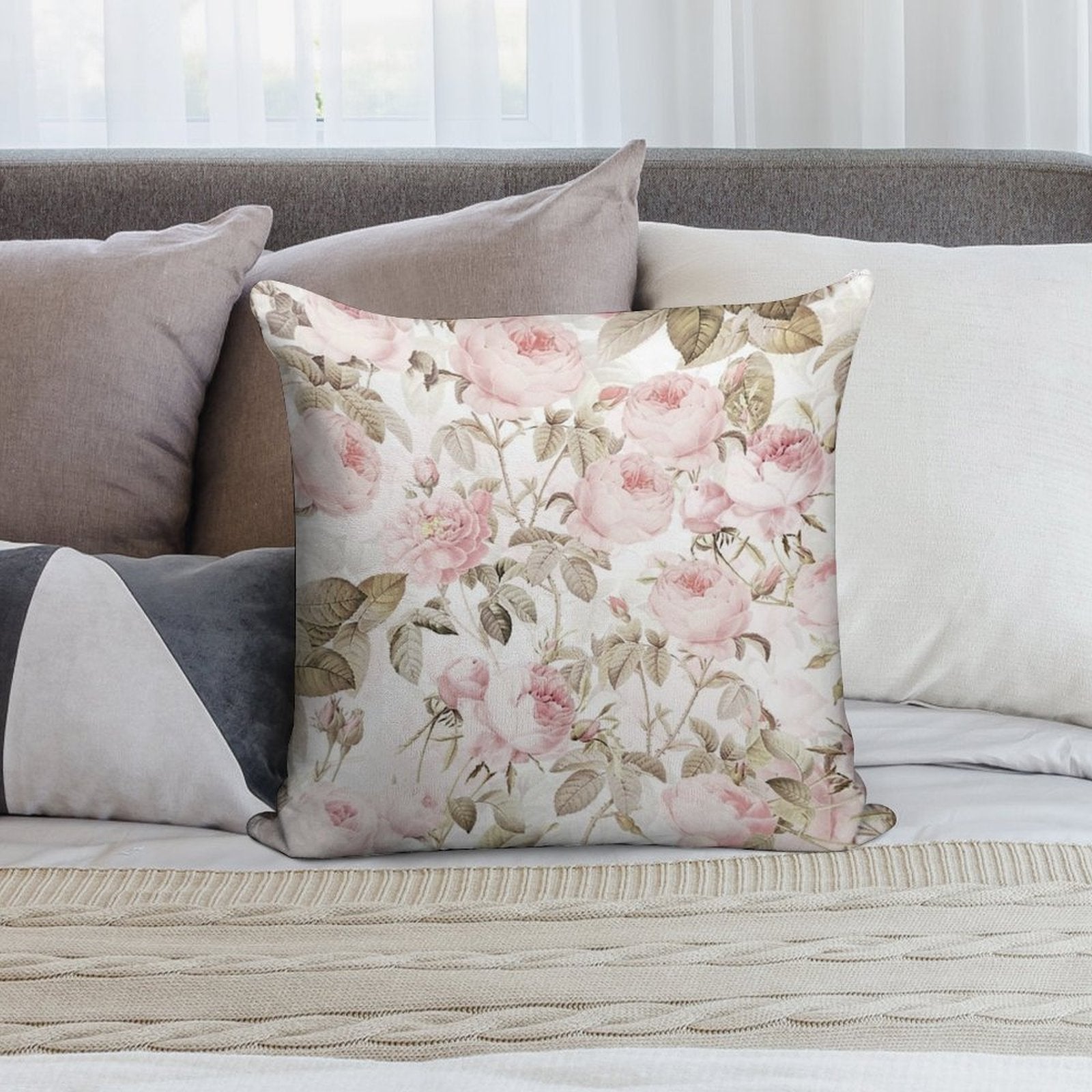 Sepia Old Vintage Roses Botanical Garden on Pink Pattern NightGarden Soft Gift Ready Throw Pillow