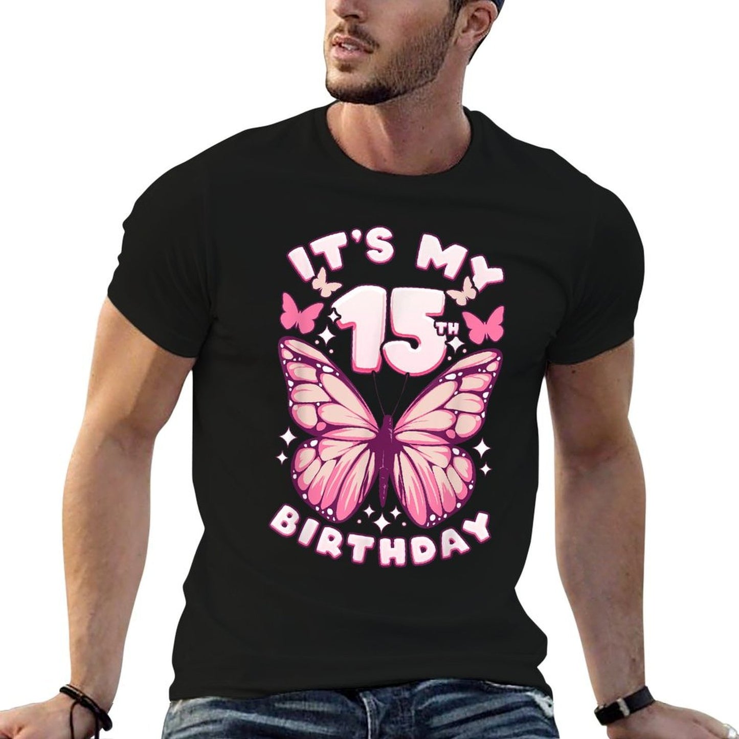 15th Birthday, Girl 15 Years, Butterflies And Number 15  Stretchy T-Shirt