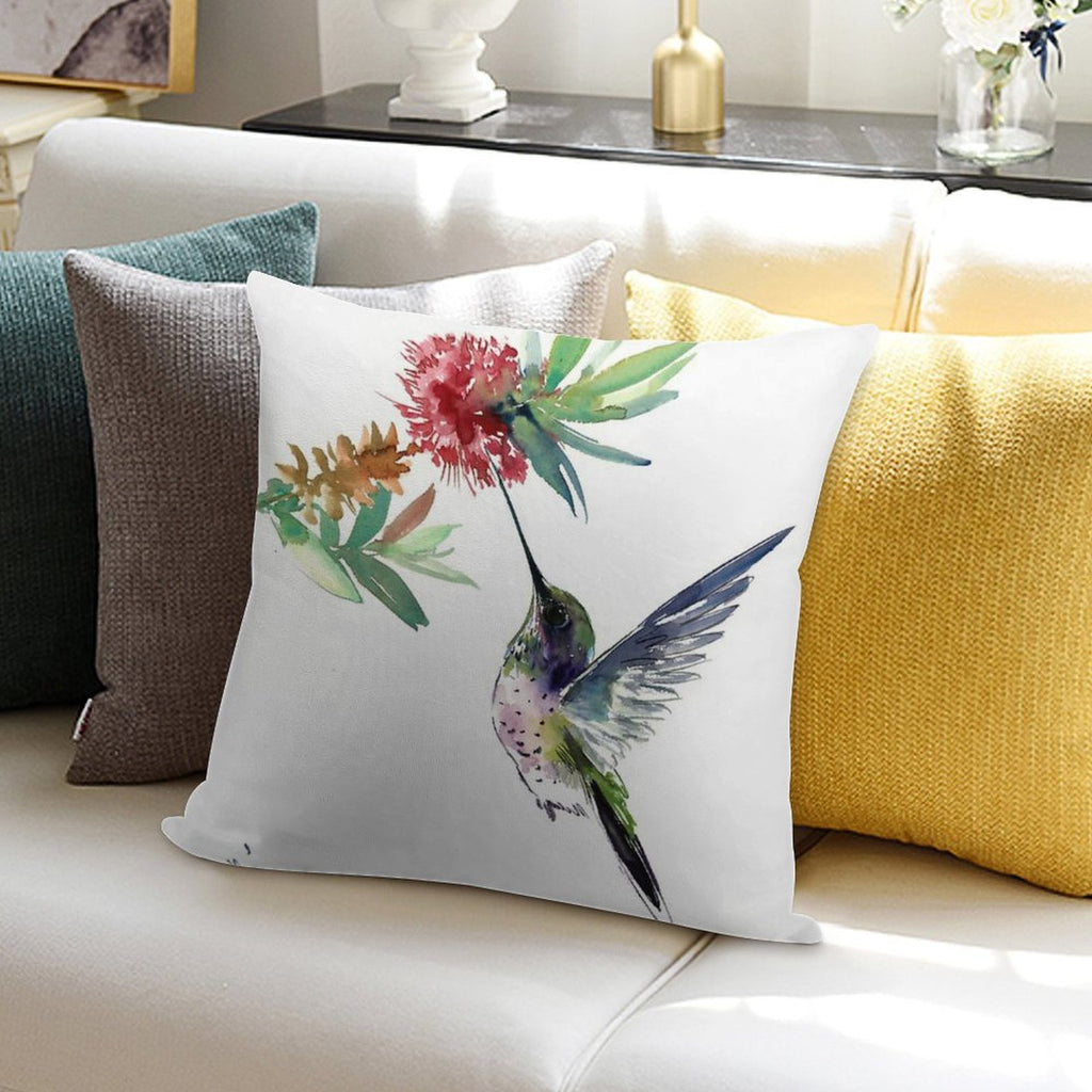Hummingbird And Flower Soft Fade-Resistant Throw Pillow