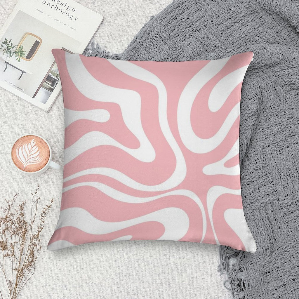 Retro Modern Liquid Swirl Abstract Pattern Square in Blush Pink And White Soft Home Decor Throw Pillow