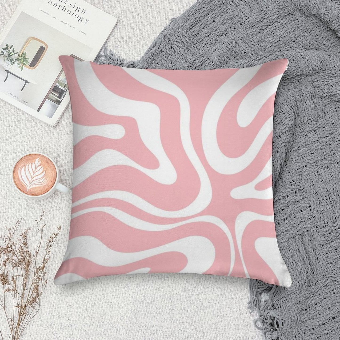 Retro Modern Liquid Swirl Abstract Pattern Square in Blush Pink And White Soft Home Decor Throw Pillow