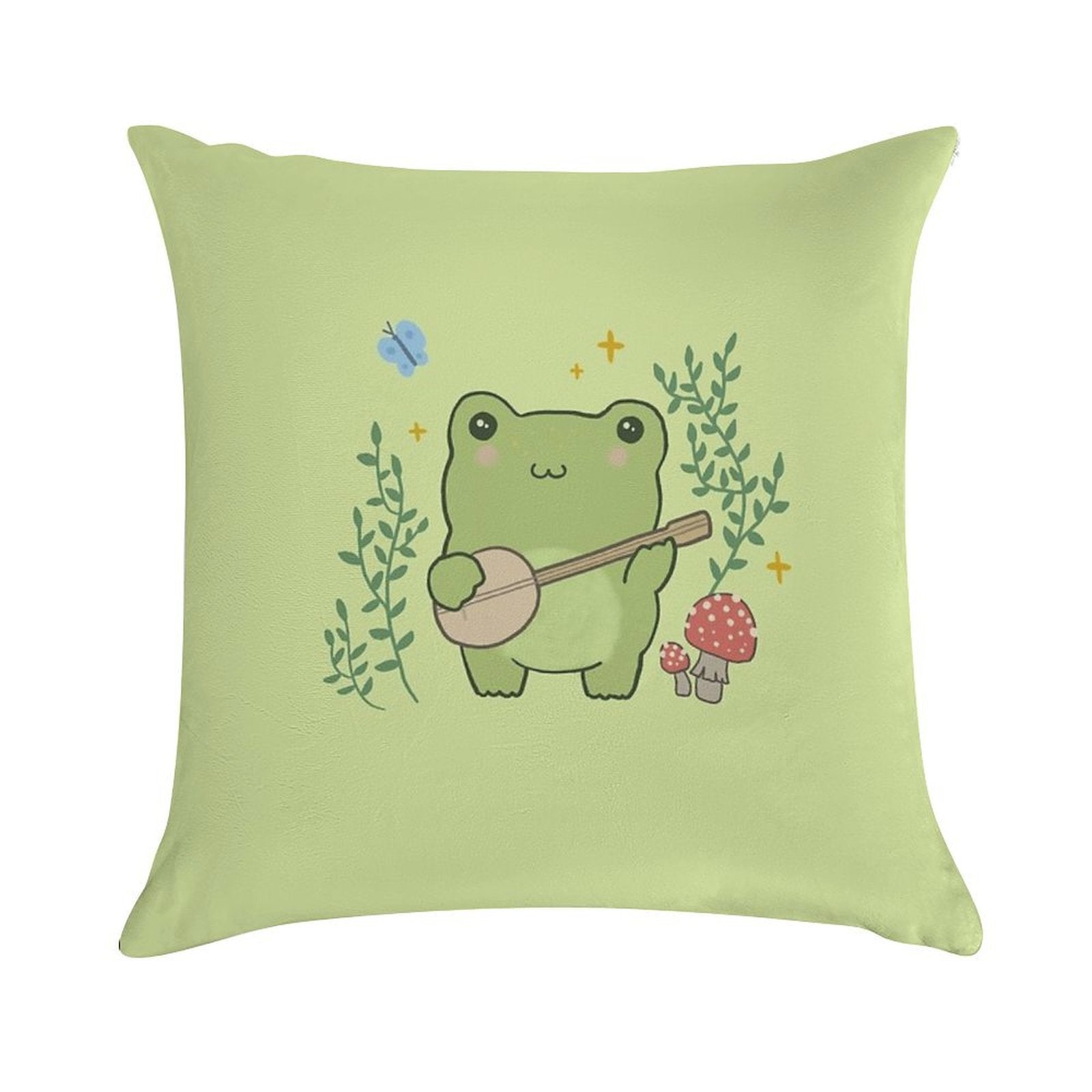 Kawaii Frog Playing Banjo Toad Cottagecore Aesthetic Mushroom And Blue Butterfly Soft Fade-Resistant Throw Pillow