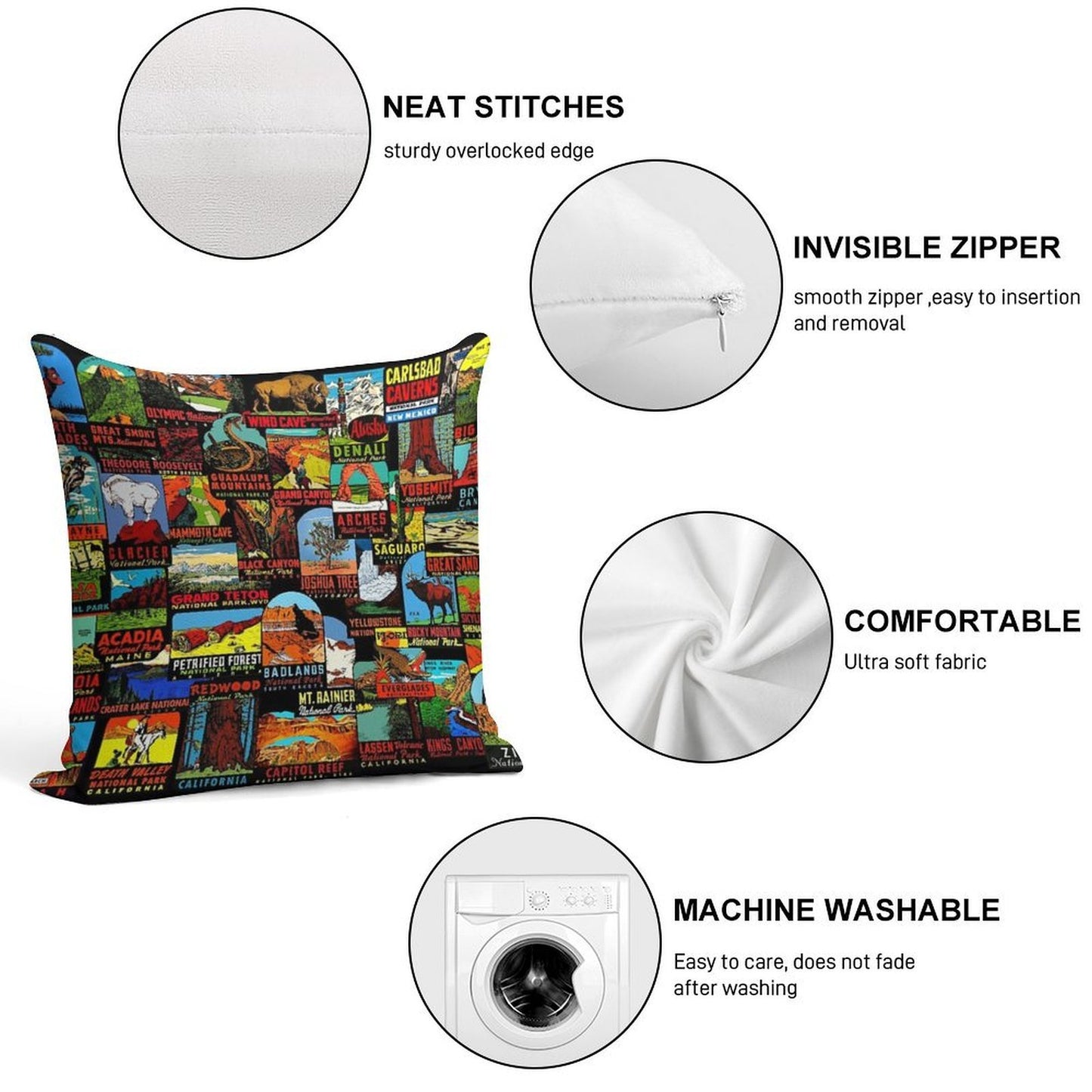 American National Parks Vintage Travel Decal Bomb Soft Short Plush Fabric Throw Pillow