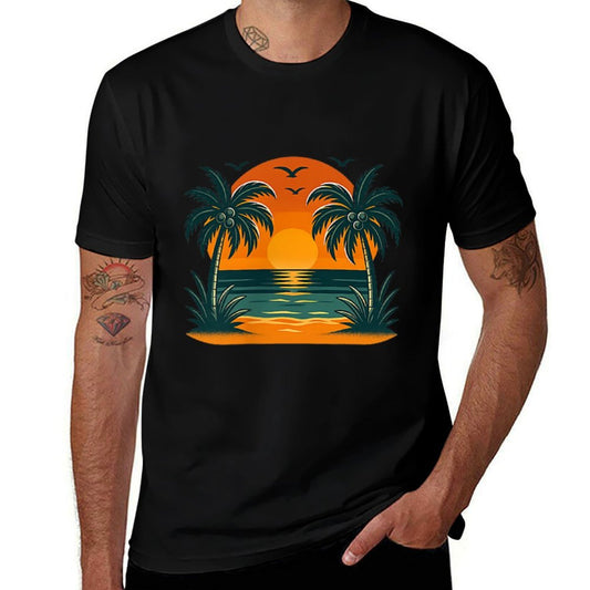 Vintage Tropical Summer Retro Sunset Palm Tree Ocean Travel  Lightweight T-Shirt