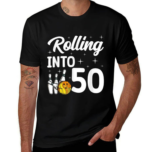 Rolling Into 50 Bowling 50th Birthday  Ribbed Collar T-Shirt