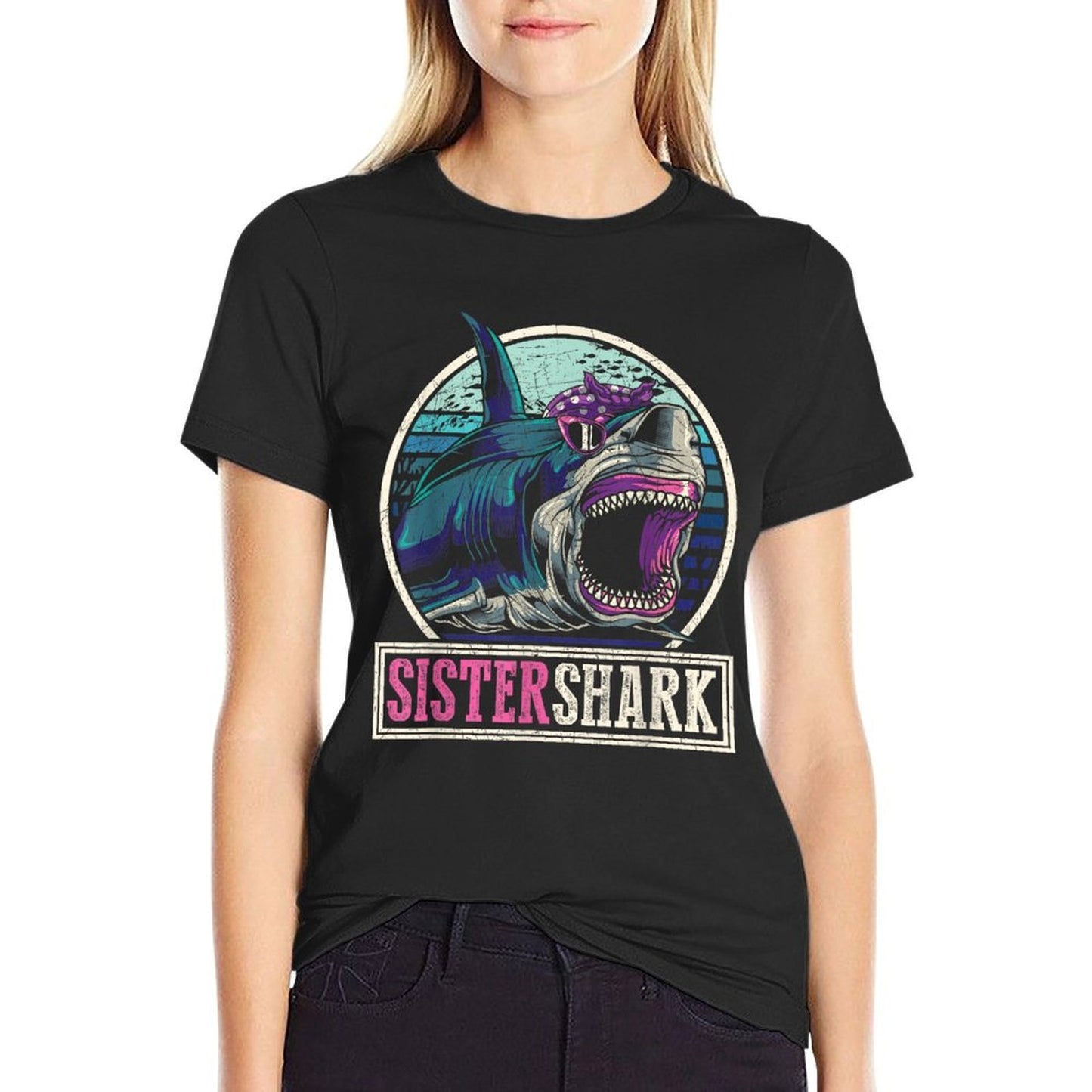 Retro Ocean Animal Family Girls Gift Predator Sister Shark  Wrinkle-resistant T-Shirt