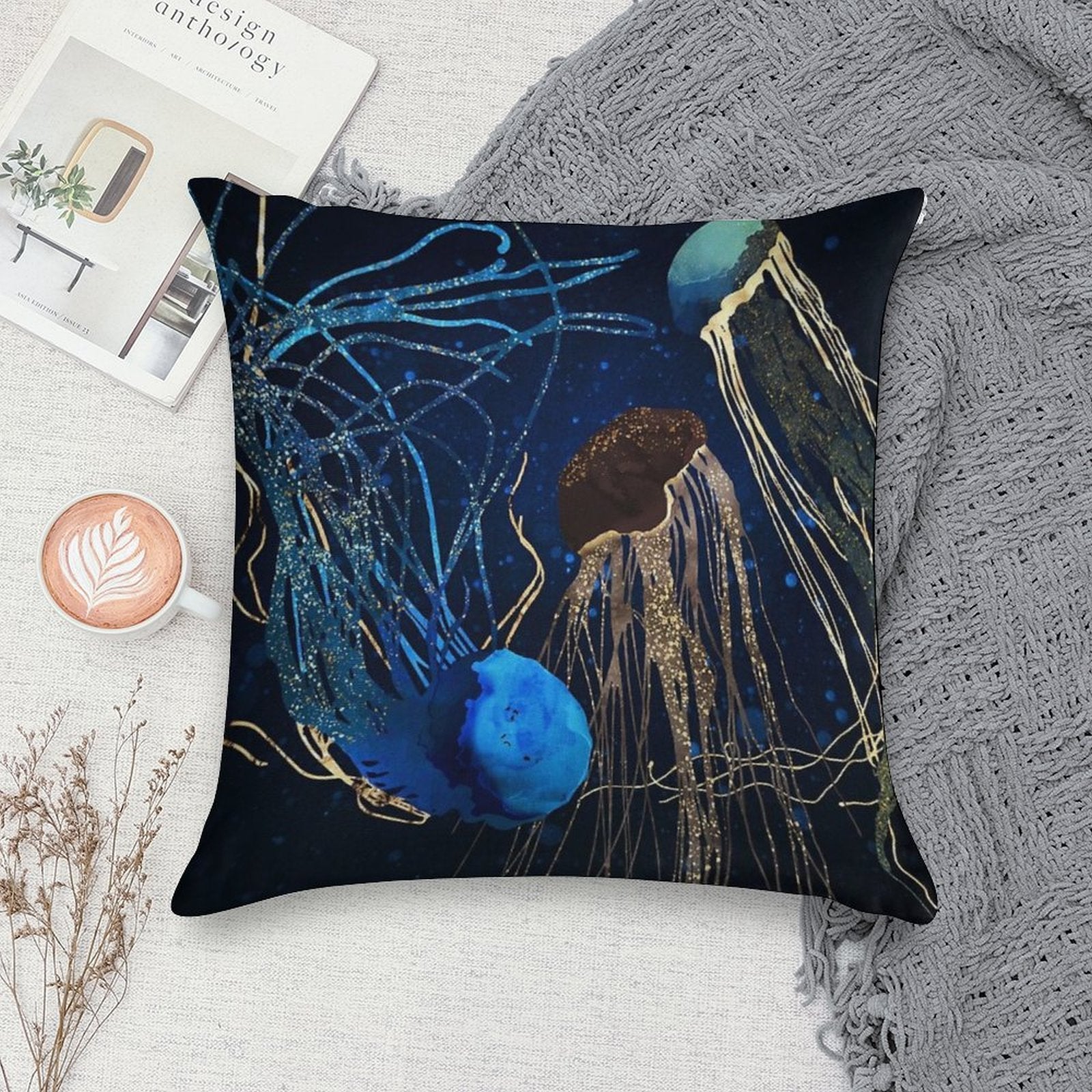 Metallic Jellyfish IV Soft Short Plush Fabric Throw Pillow