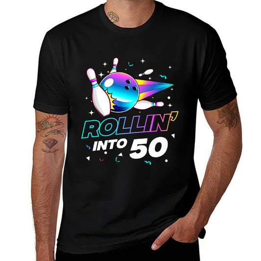 Rollin Into 50 Bowling Bowler 50th Birthday Retro Premium  Affordable Price T-Shirt