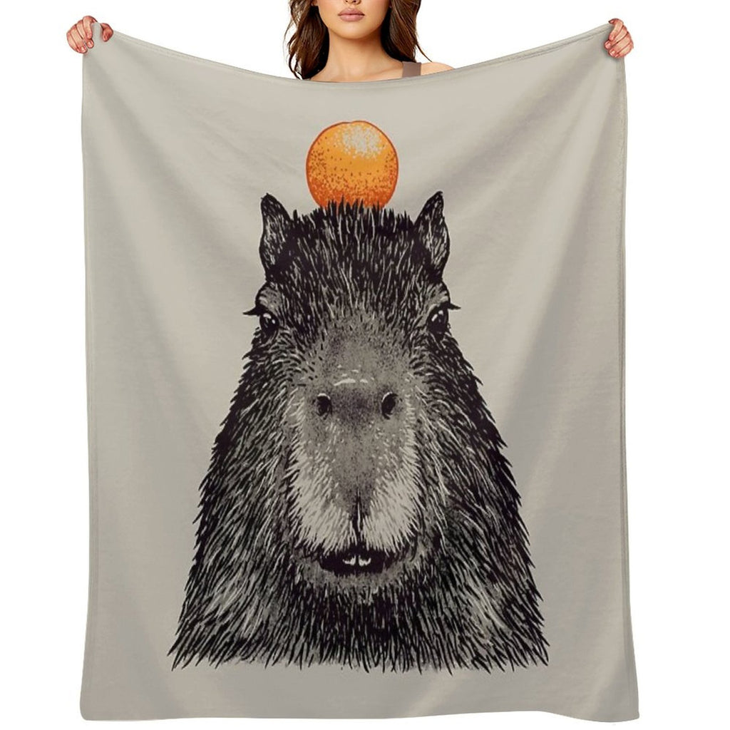 Capybara  Orange  Capy Yuzu  Capybara with Orange on Head  His Name - Gort  Portrait Durable Throw Blanket