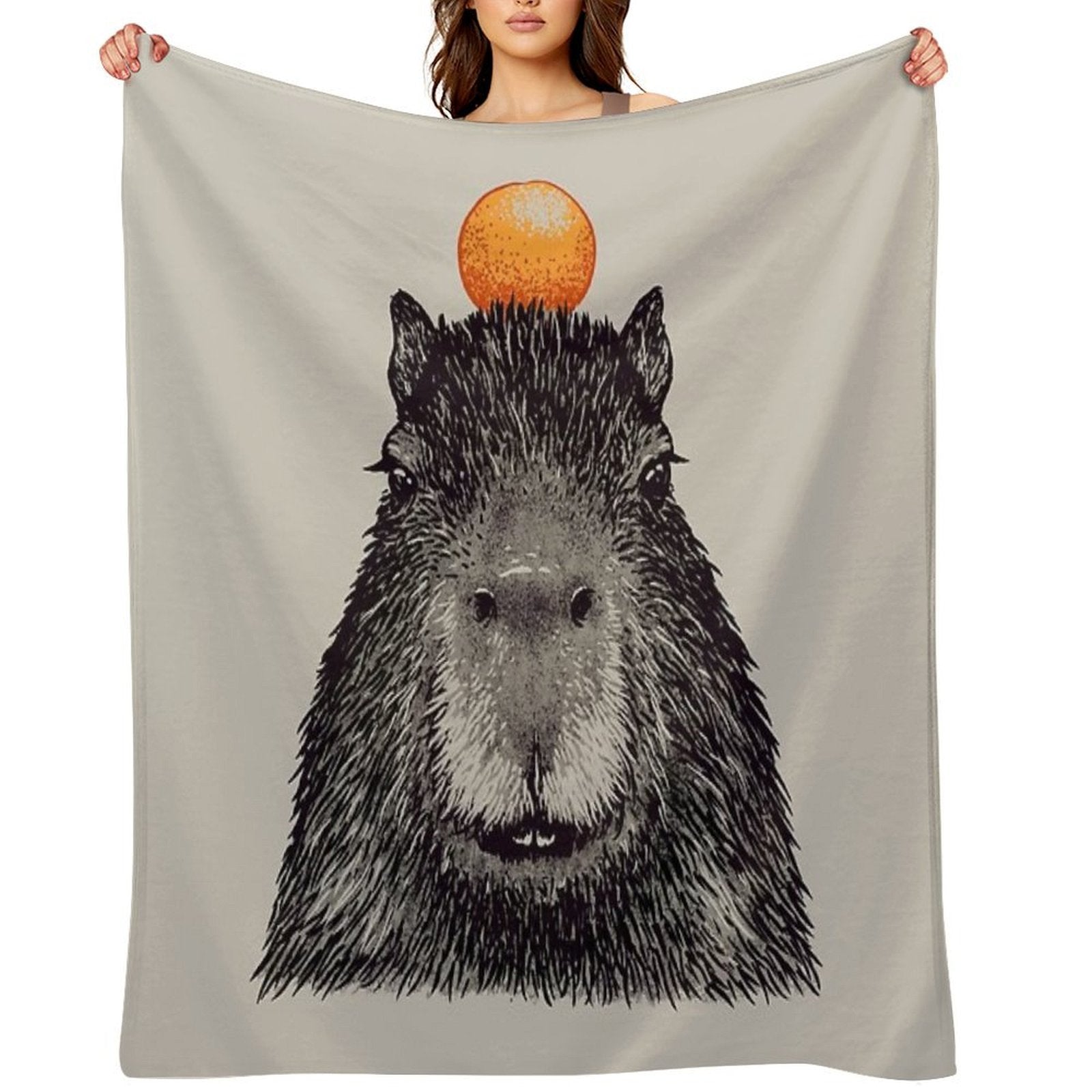Capybara  Orange  Capy Yuzu  Capybara with Orange on Head  His Name - Gort  Portrait Durable Throw Blanket