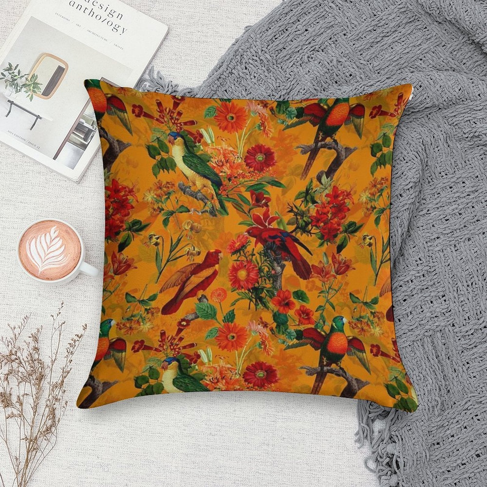 Vintage Tropical Bird Jungle Botanical Garden Orange Nightgarden Soft Warmth Comfort Throw Pillow