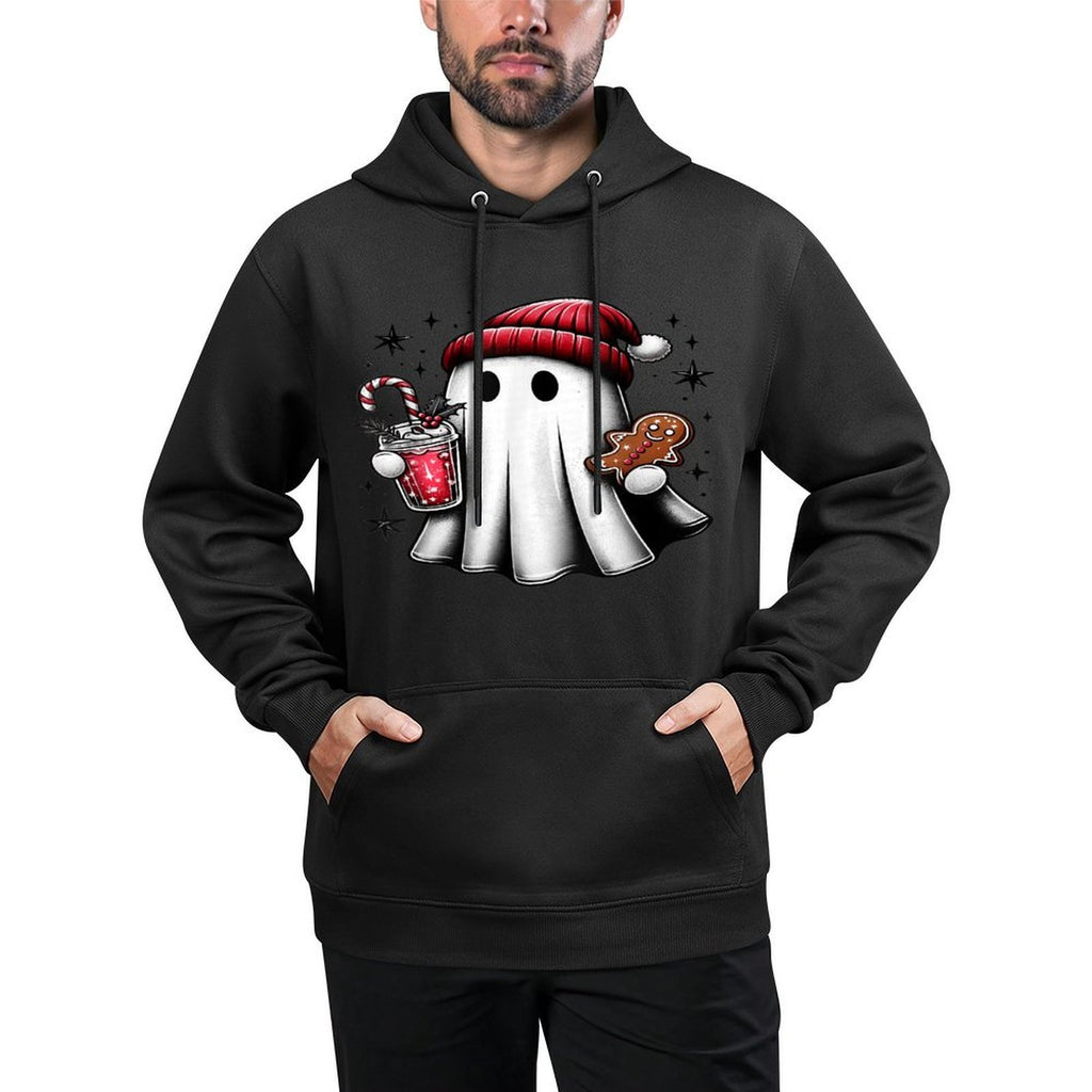 Cute Santa Ghost Drinking Coffee Ice Coffee Christmas Pajama Relaxed Fit Hoodie
