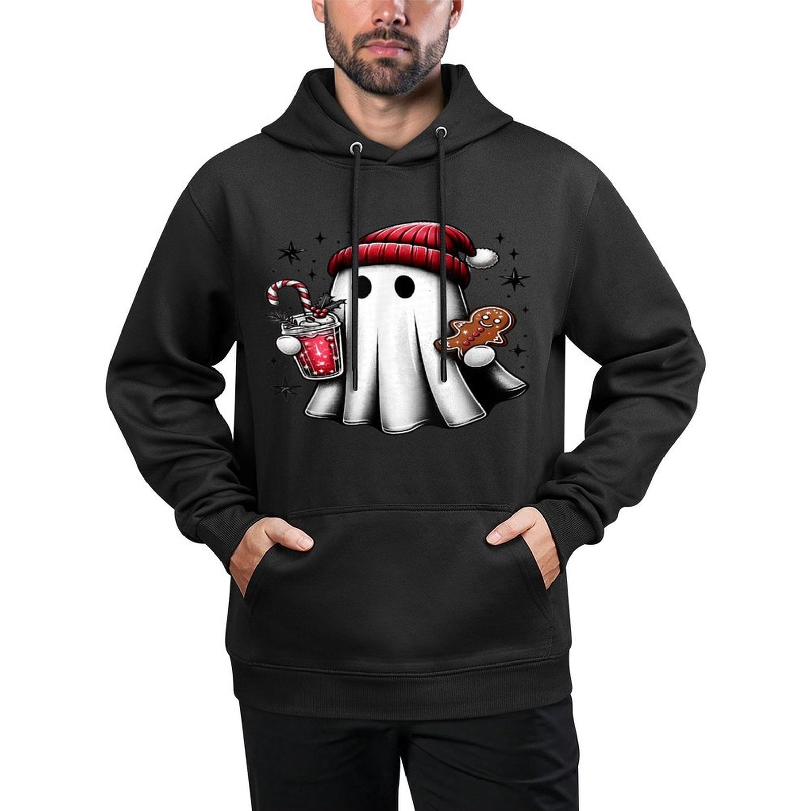 Cute Santa Ghost Drinking Coffee Ice Coffee Christmas Pajama Relaxed Fit Hoodie