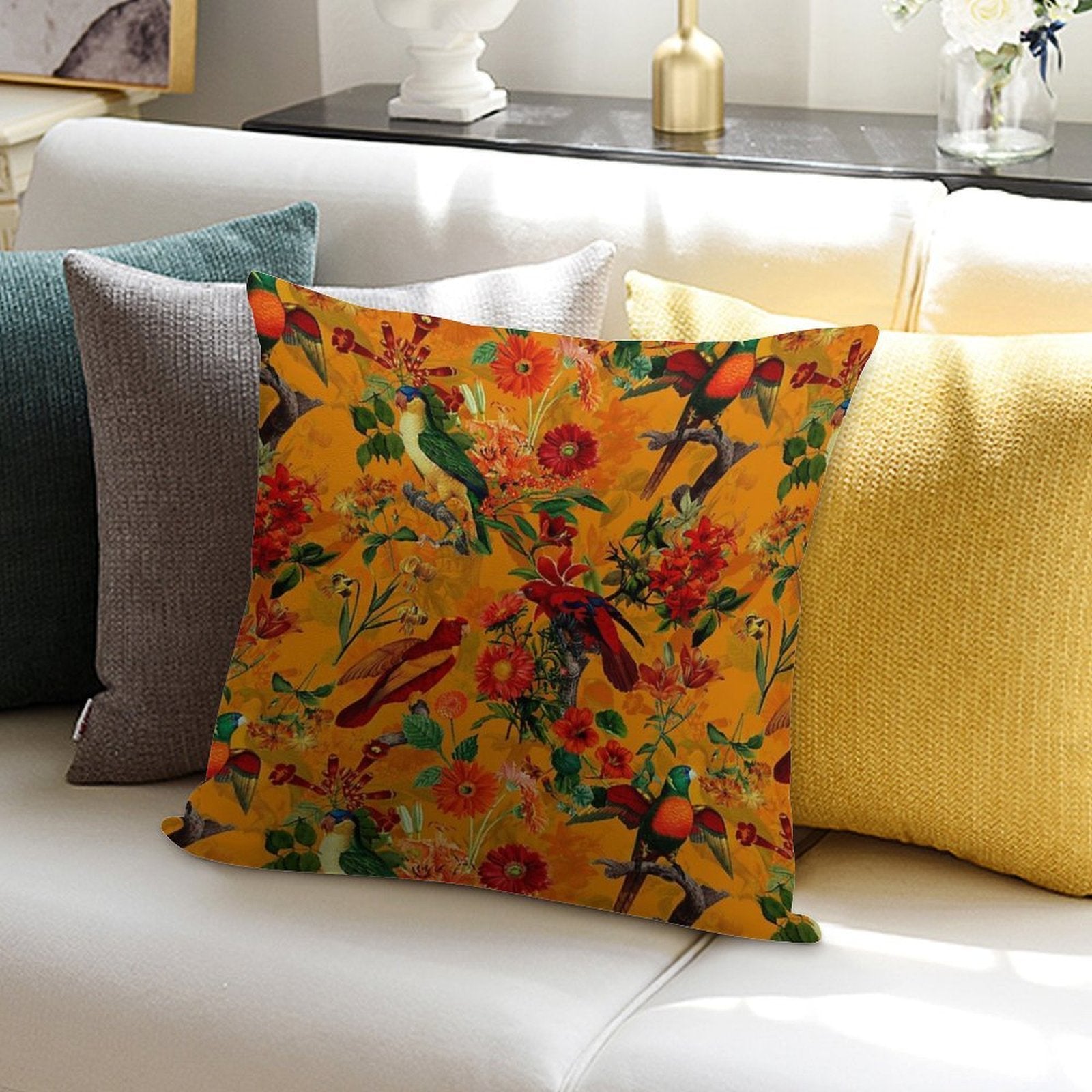 Vintage Tropical Bird Jungle Botanical Garden Orange Nightgarden Soft Warmth Comfort Throw Pillow