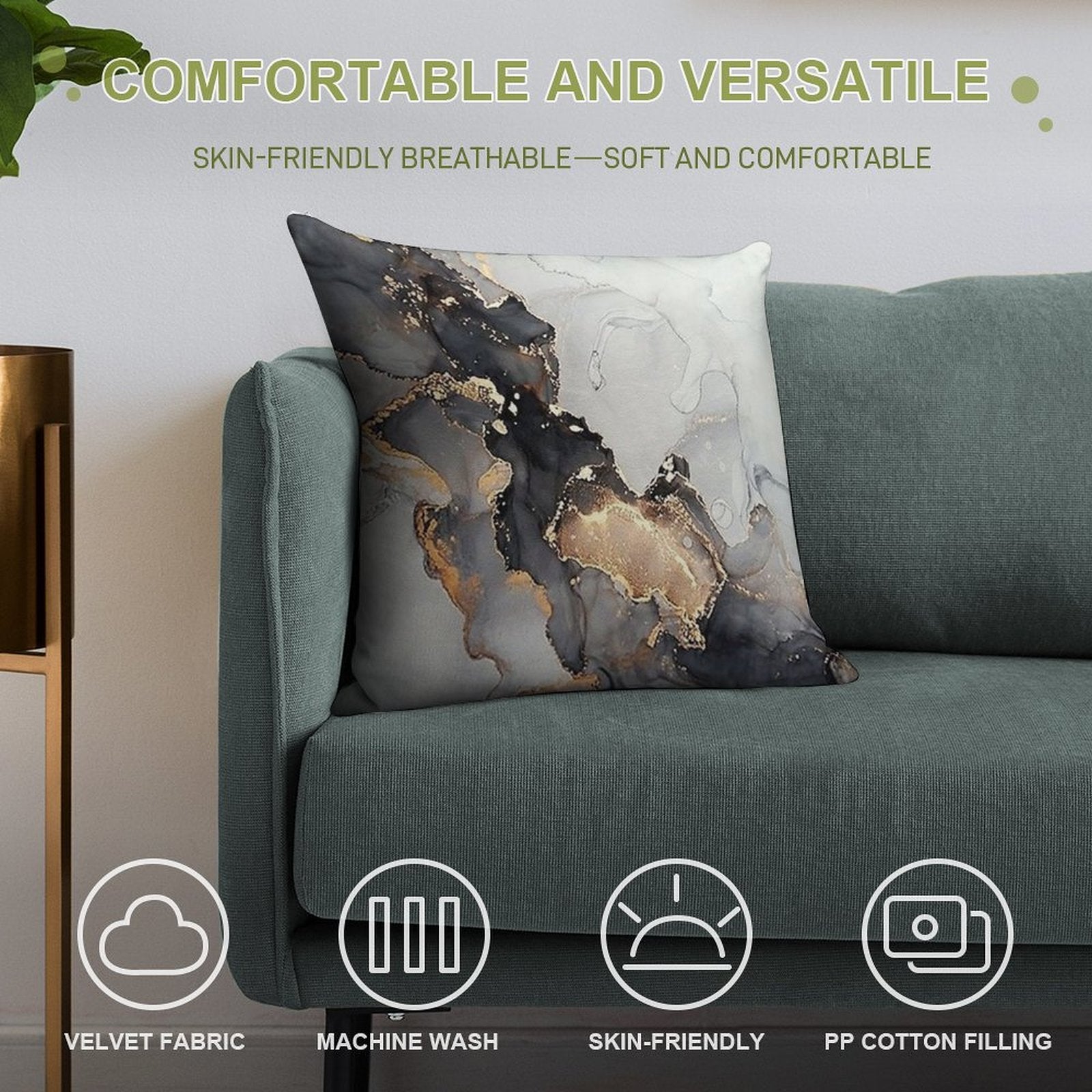 Marble Gray Black Gold Soft Washable Throw Pillow