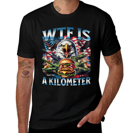 Retro WTF Is A Kilometer Funny Patriotic American Freedom  Oversized Silhouette T-Shirt