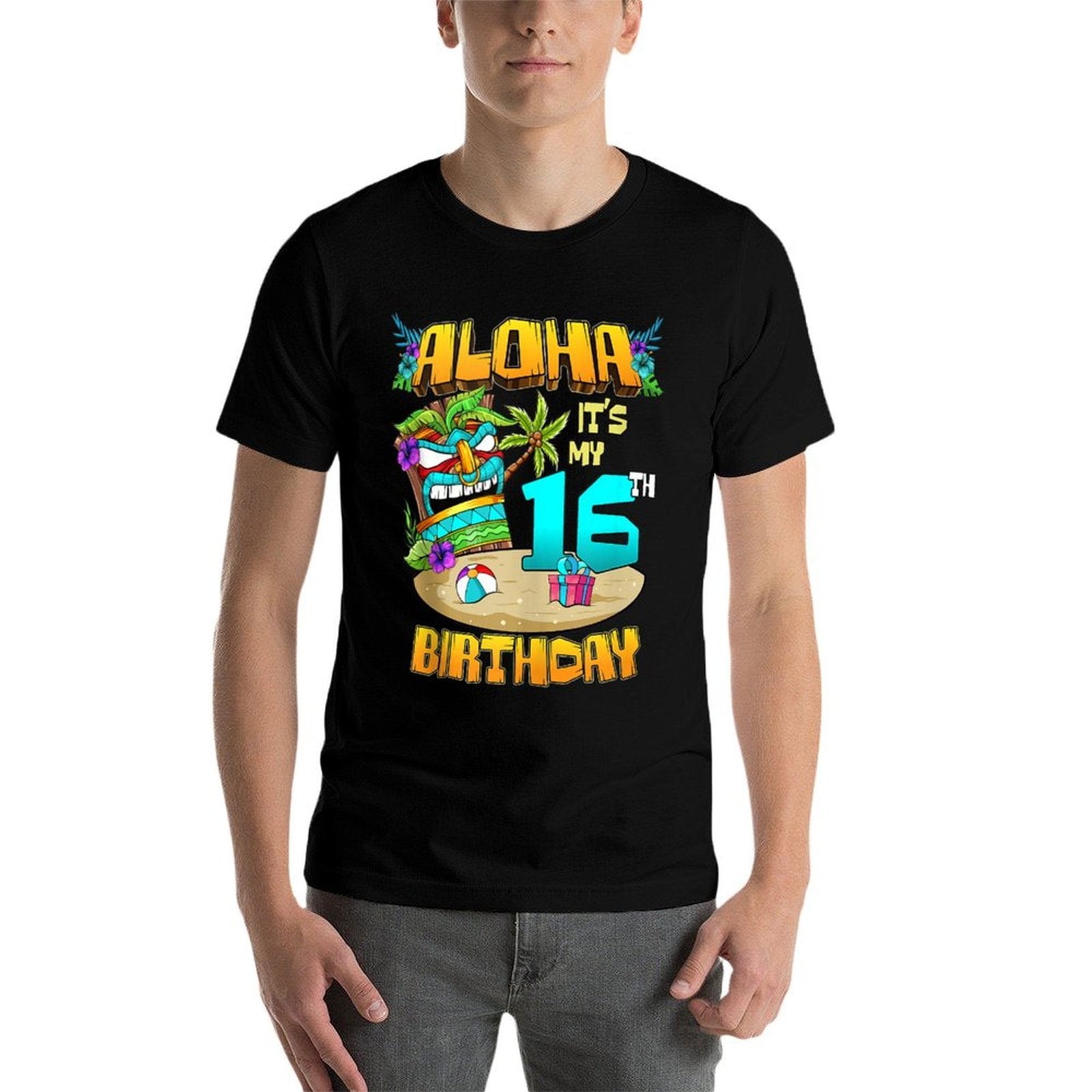 Aloha 16th Birthday Hawaii Tiki Hawaiian Theme 16 Years Old  High-quality Stitching T-Shirt
