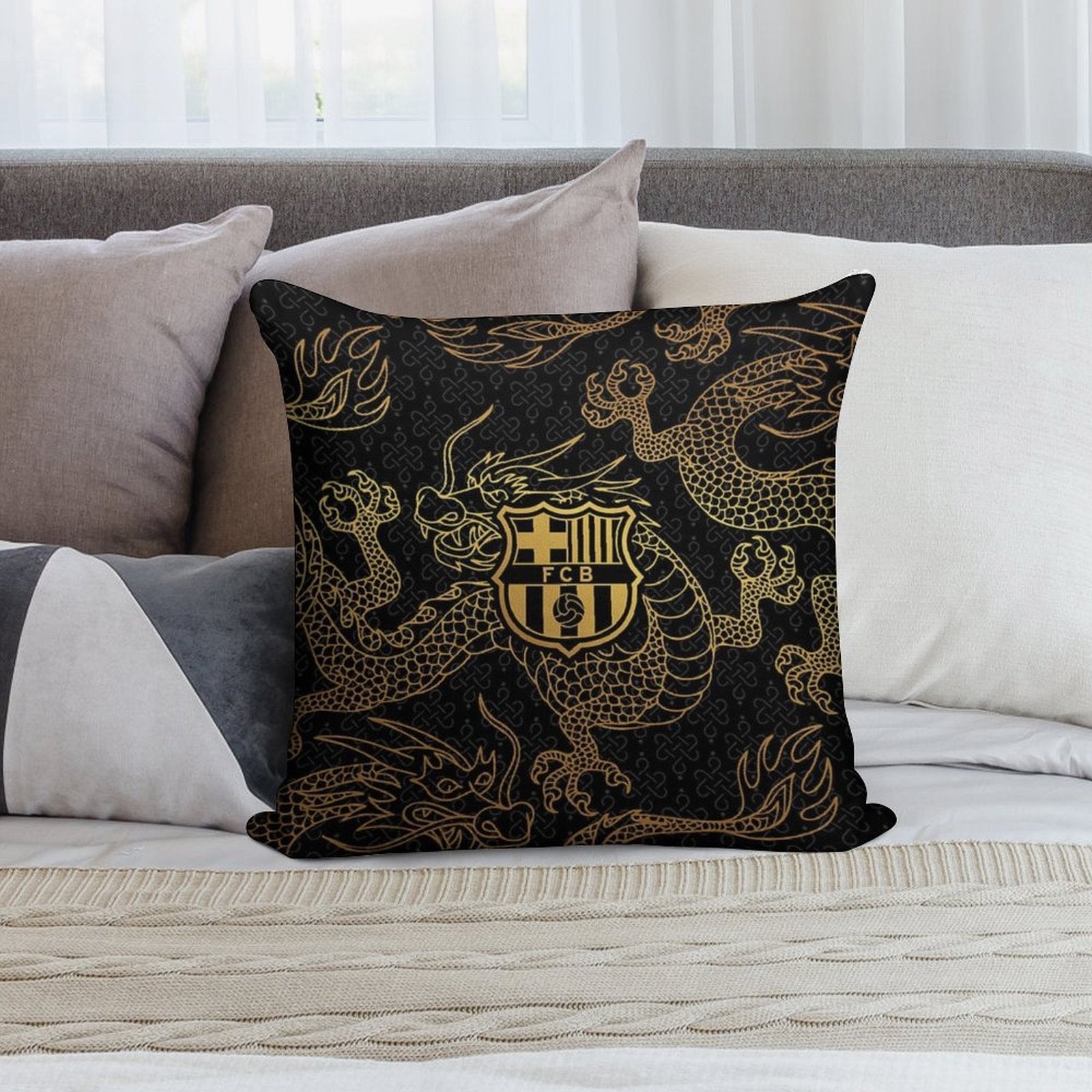 Barca Gold And Black Dragons Soft Reinforced Edging Throw Pillow