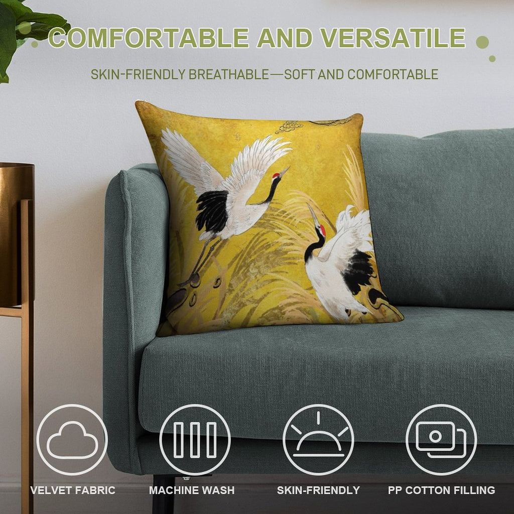 Golden Japanese Cranes Oriental Traditional Soft Hidden Zipper Throw Pillow