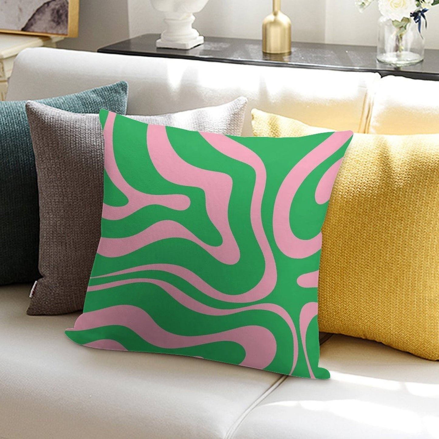 Retro Modern Liquid Swirl Abstract Pattern Square in Spring Green And Pink Soft Multiple Sizes Throw Pillow