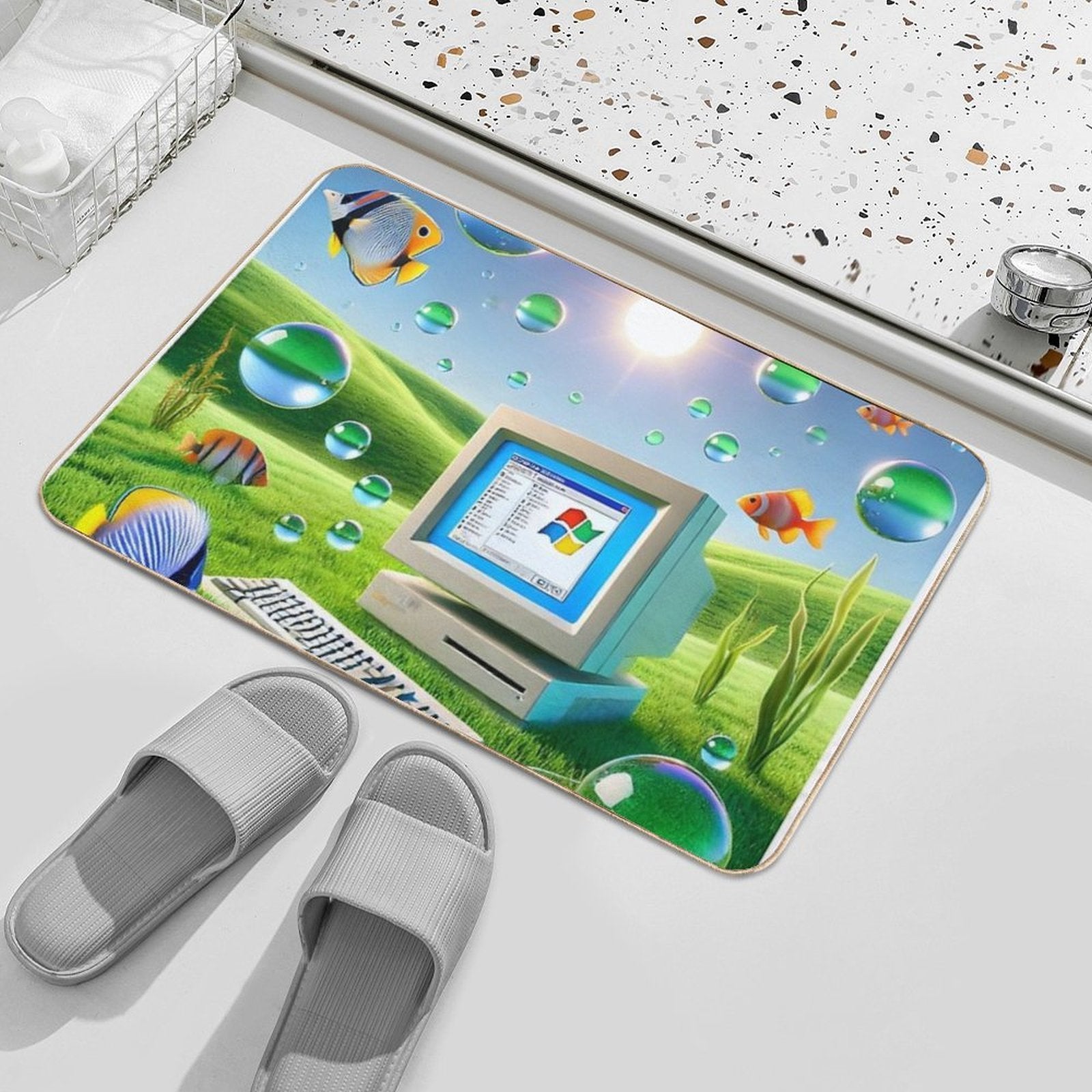 Frutiger Aero Art With Old Computer - Windows  Anti-Trip Bath Mat