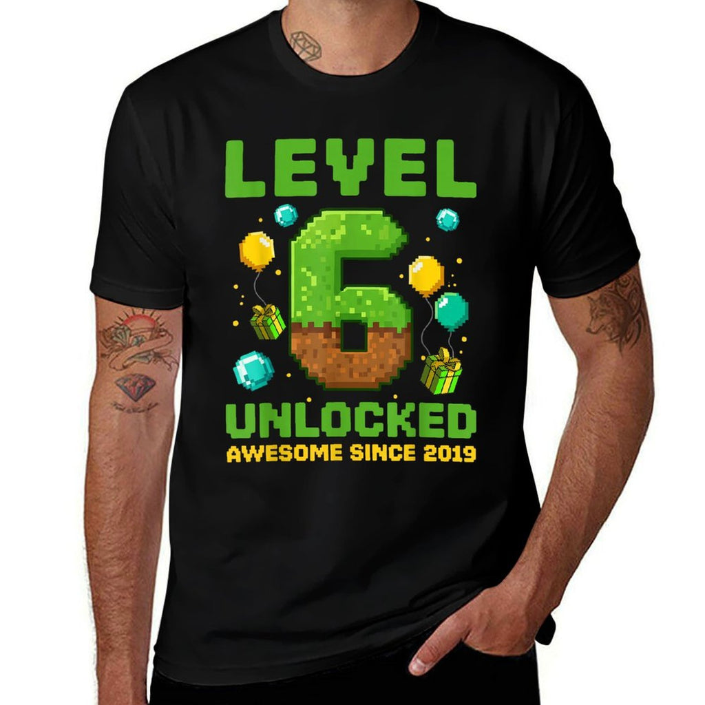 Level 6 Unlocked Awesome Since 2019 Pixel Birthday 6th  Graphic-printed T-Shirt