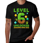 Level 6 Unlocked Awesome Since 2019 Pixel Birthday 6th  Graphic-printed T-Shirt