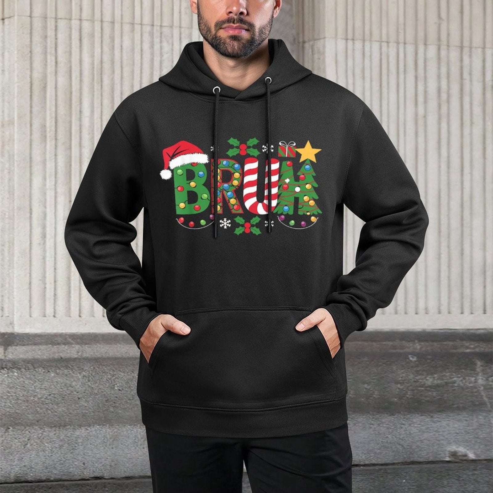 Christmass for Kids Boys Bruh Funny Christmas Women Kangaroo Pocket Hoodie