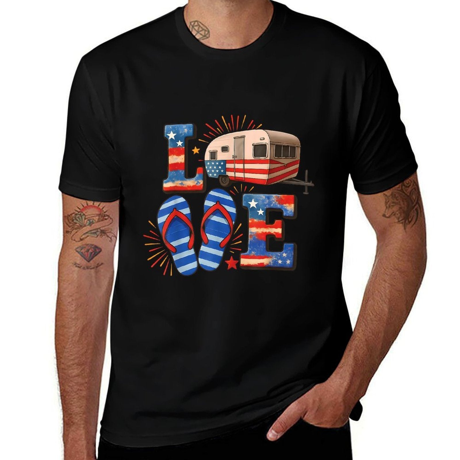 4th July Funny Camper Van USA Patriotic Camping Lovers  Oversized Silhouette T-Shirt