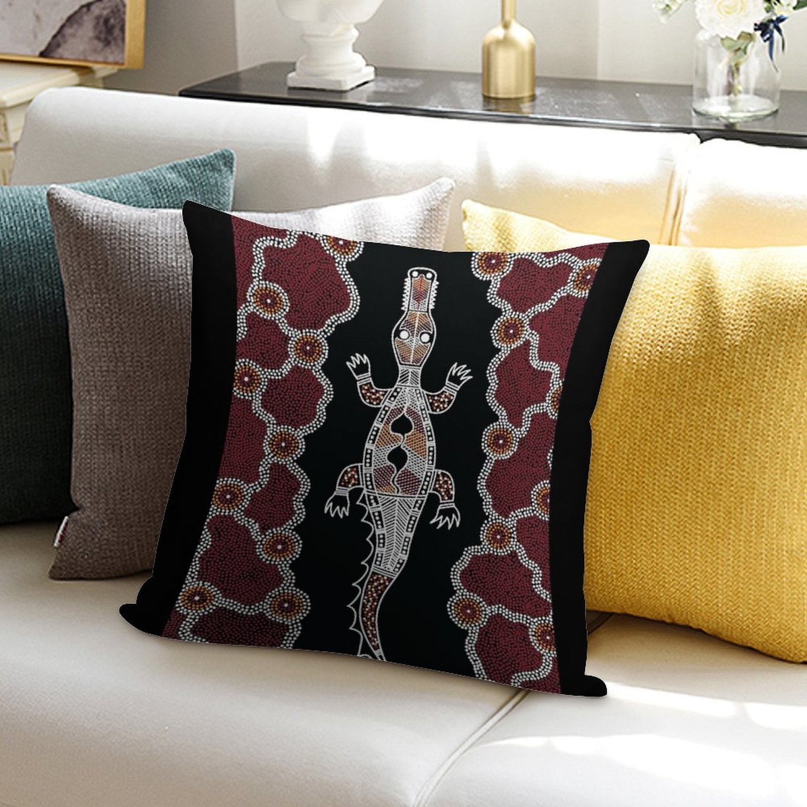 Authentic Aboriginal Art - Crocodile Authentic Designs Soft Gift Ready Throw Pillow