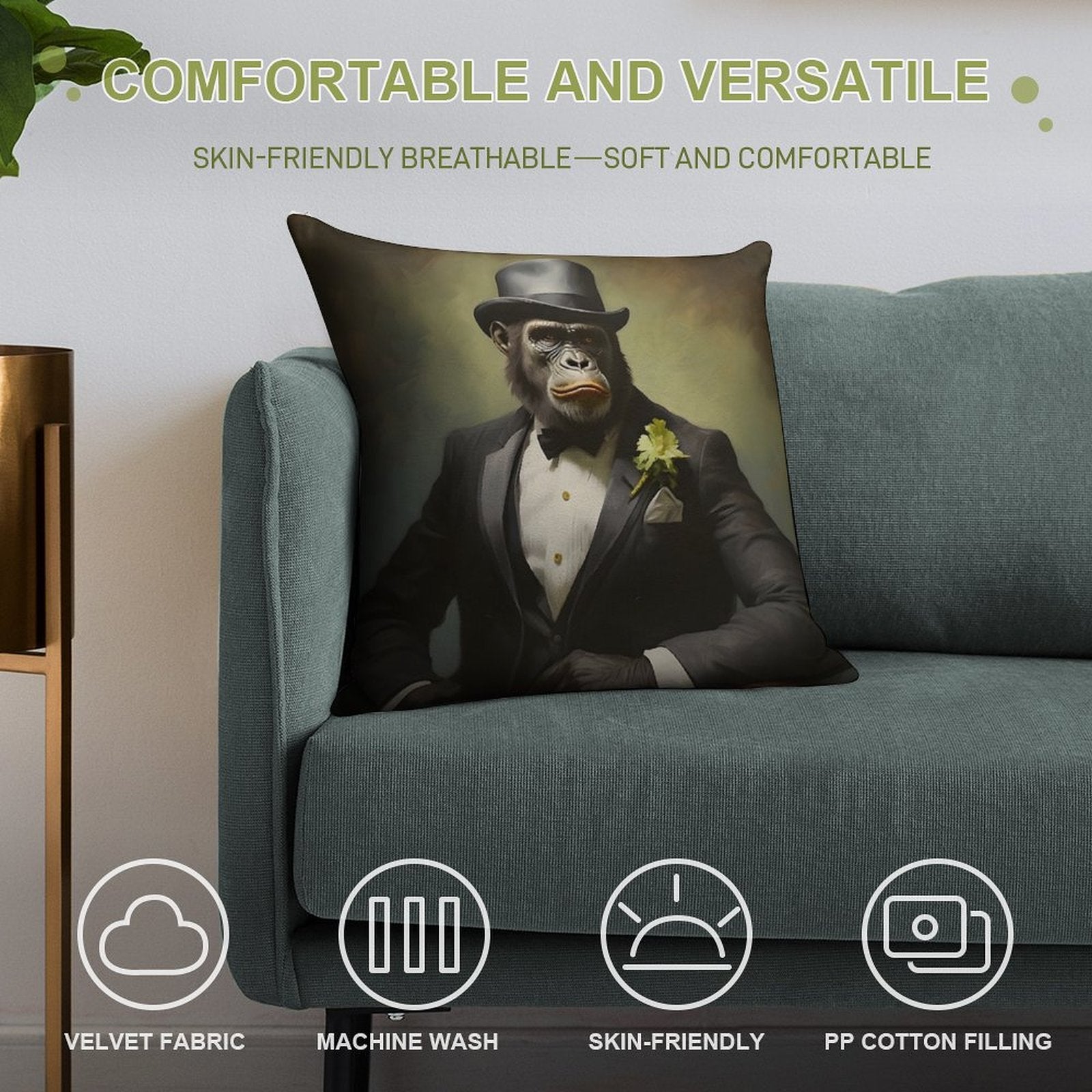 Gorilla Portrait Art Soft Hidden Zipper Throw Pillow