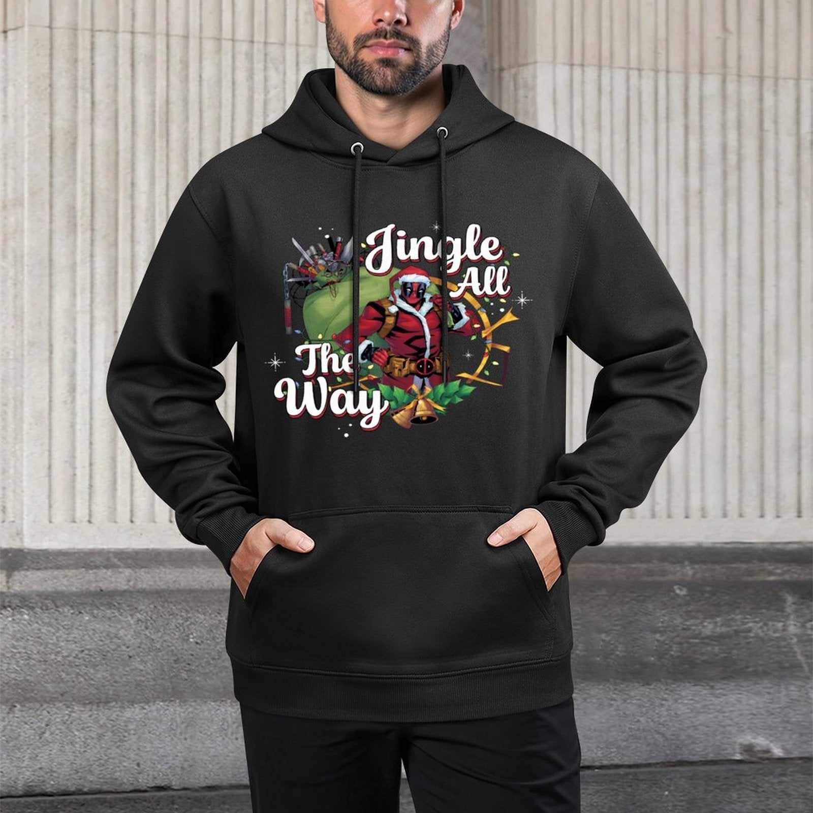 Marvel Deadpool Christmas Jingle All The Way Portrait Sweatshirt Cotton-Polyester Blend Hoodie