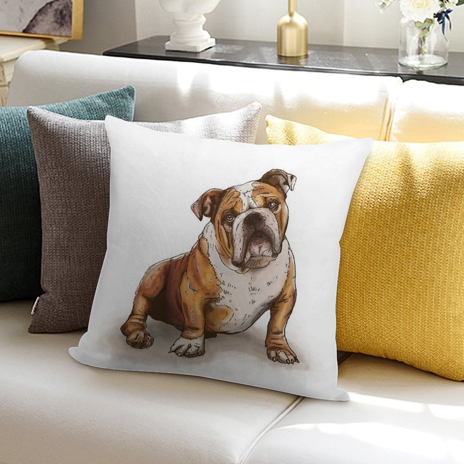 English Bulldog Illustration Soft Bedroom Essential Throw Pillow