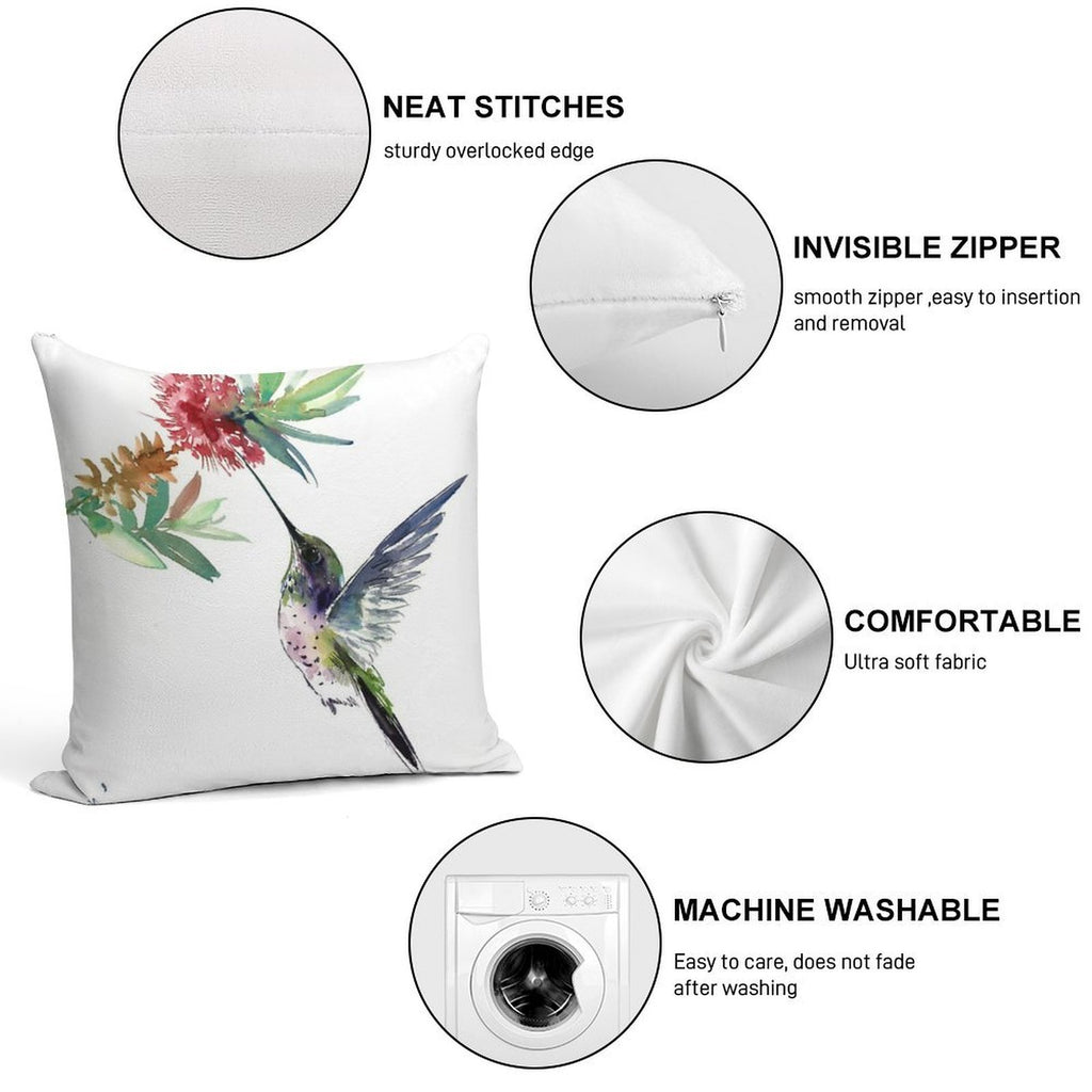 Hummingbird And Flower Soft Fade-Resistant Throw Pillow