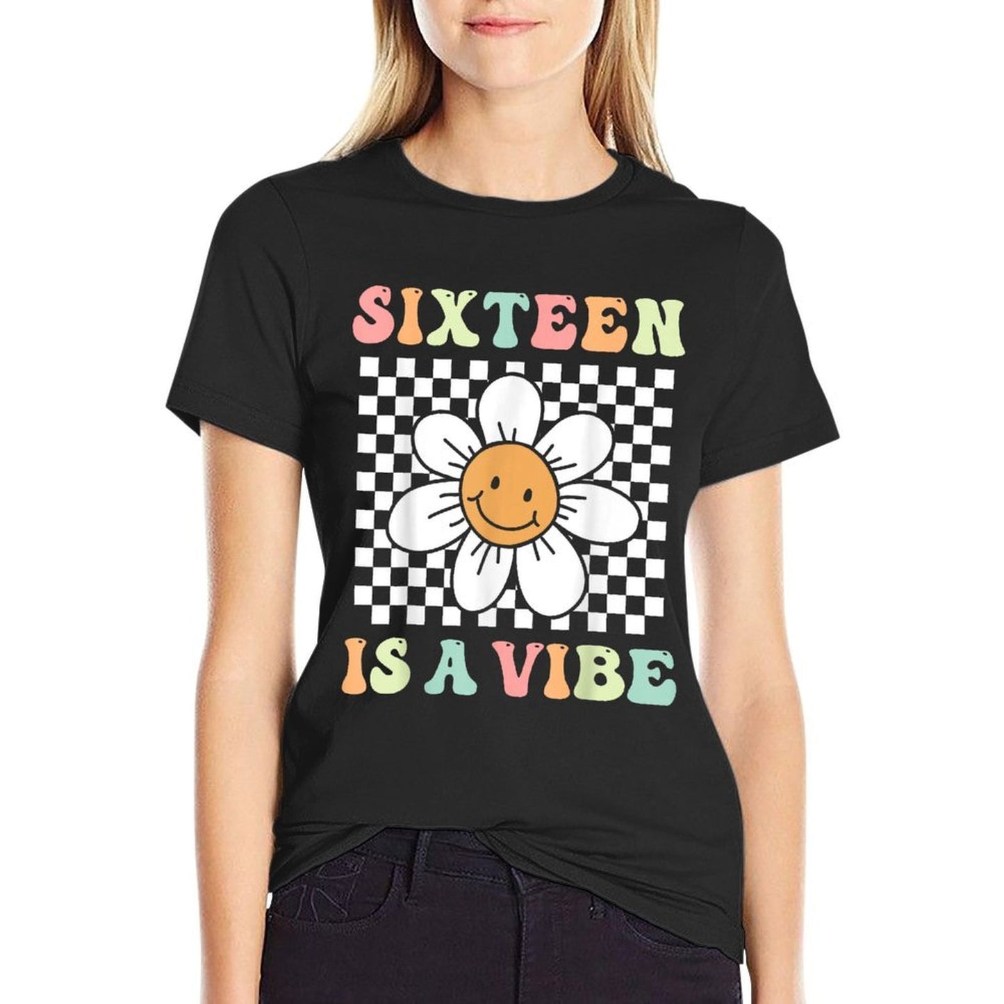 Sixteen Is A Vibe Groovy 16th Birthday Party Daisy Flower  Fade-proof Color T-Shirt