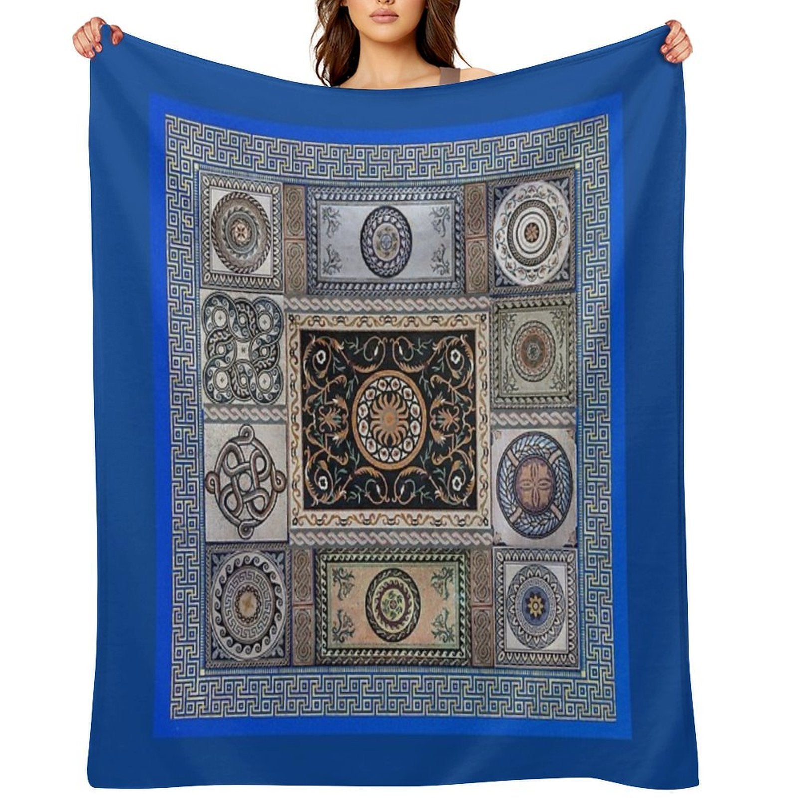 Roman Mosaic - Light Blue Machine-washable Throw Blanket