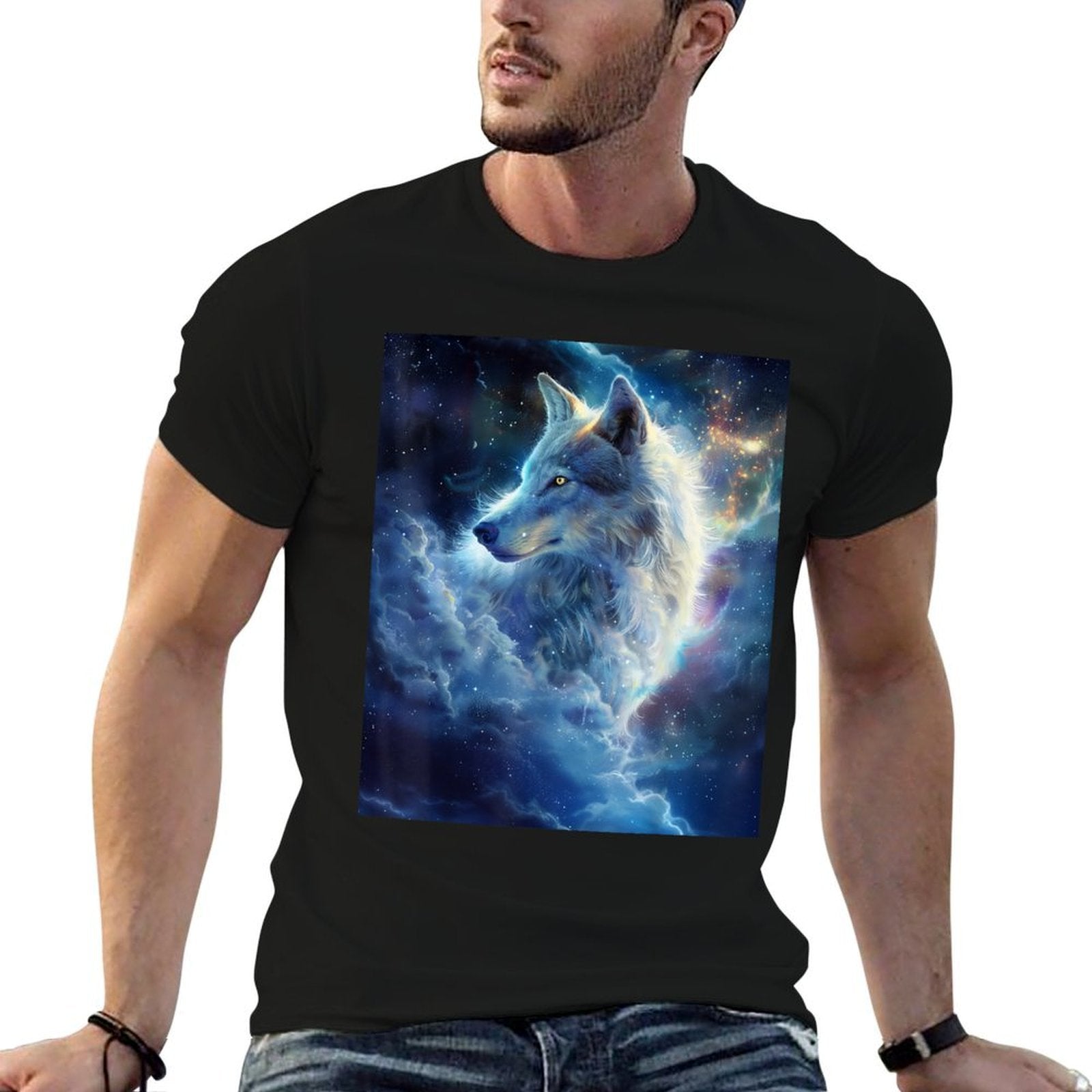 Alpha Galaxy Wolf Dark Fantasy Space Graphic Wolf Lovers  Summer-ready Fabric T-Shirt