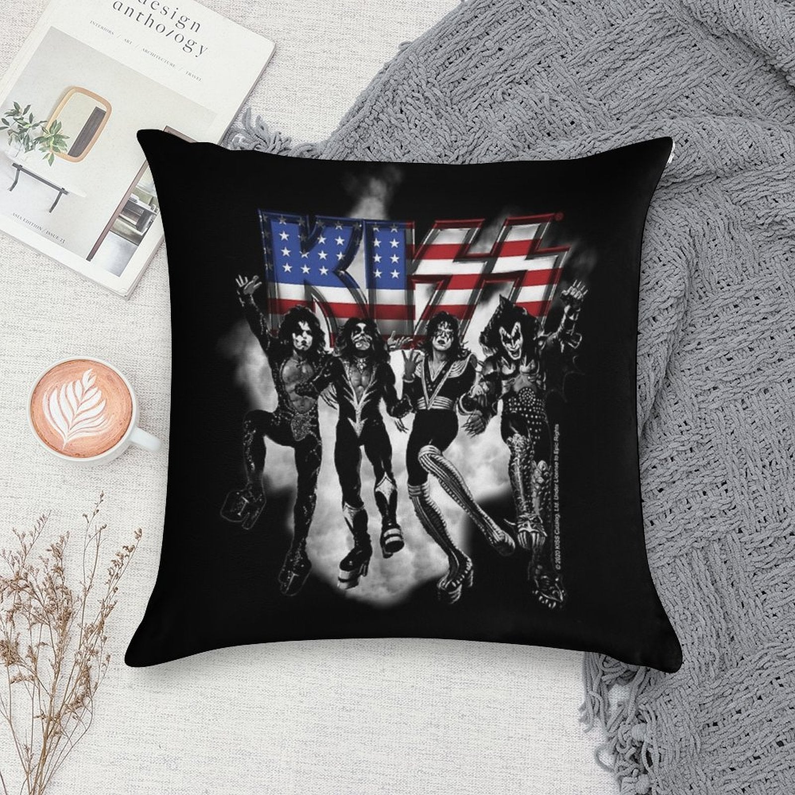 KISS ® The Band - Destroyer Black And White Fog USA Logo Soft Hidden Zipper Throw Pillow