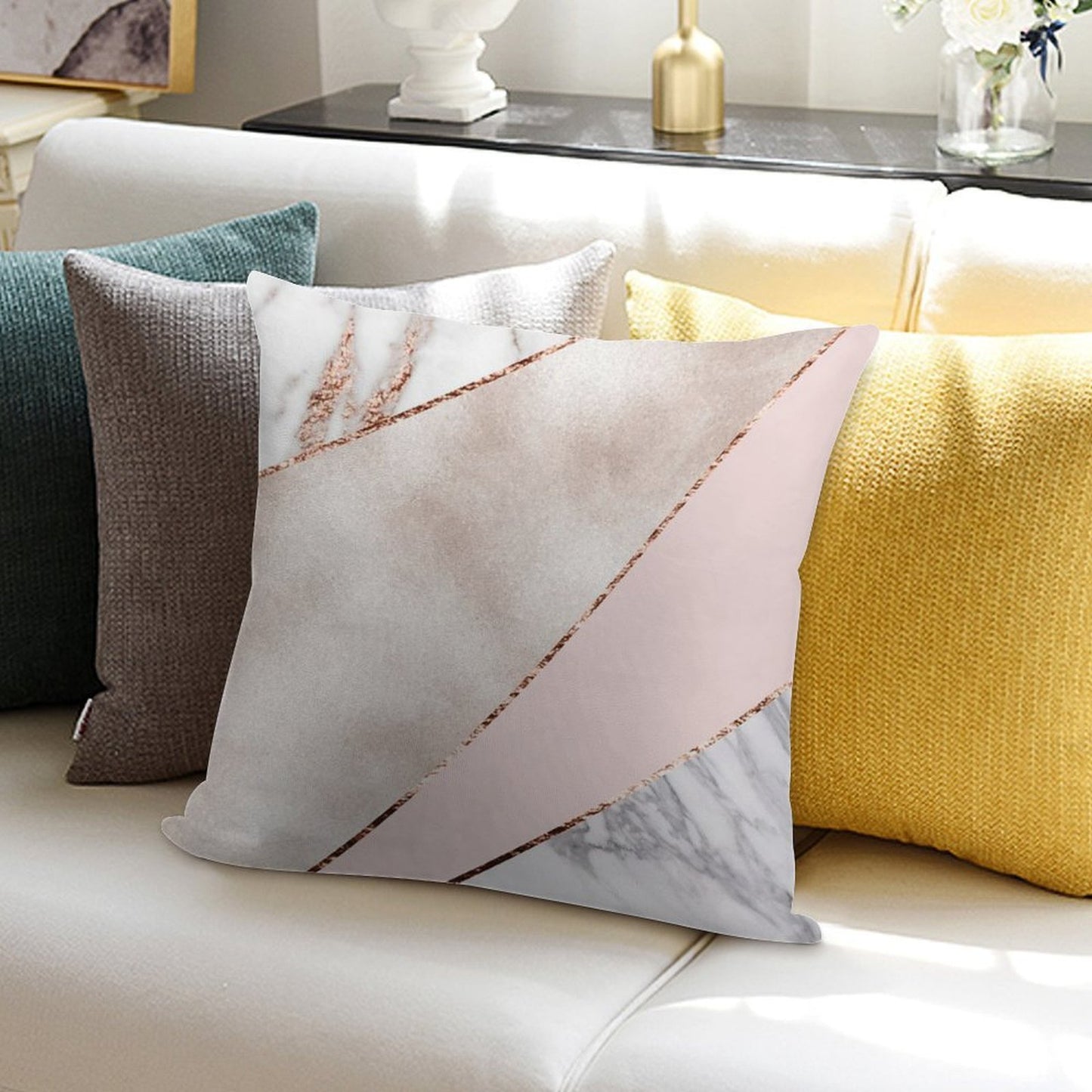 Spliced Mixed Rose Gold Marble Soft Bedroom Essential Throw Pillow